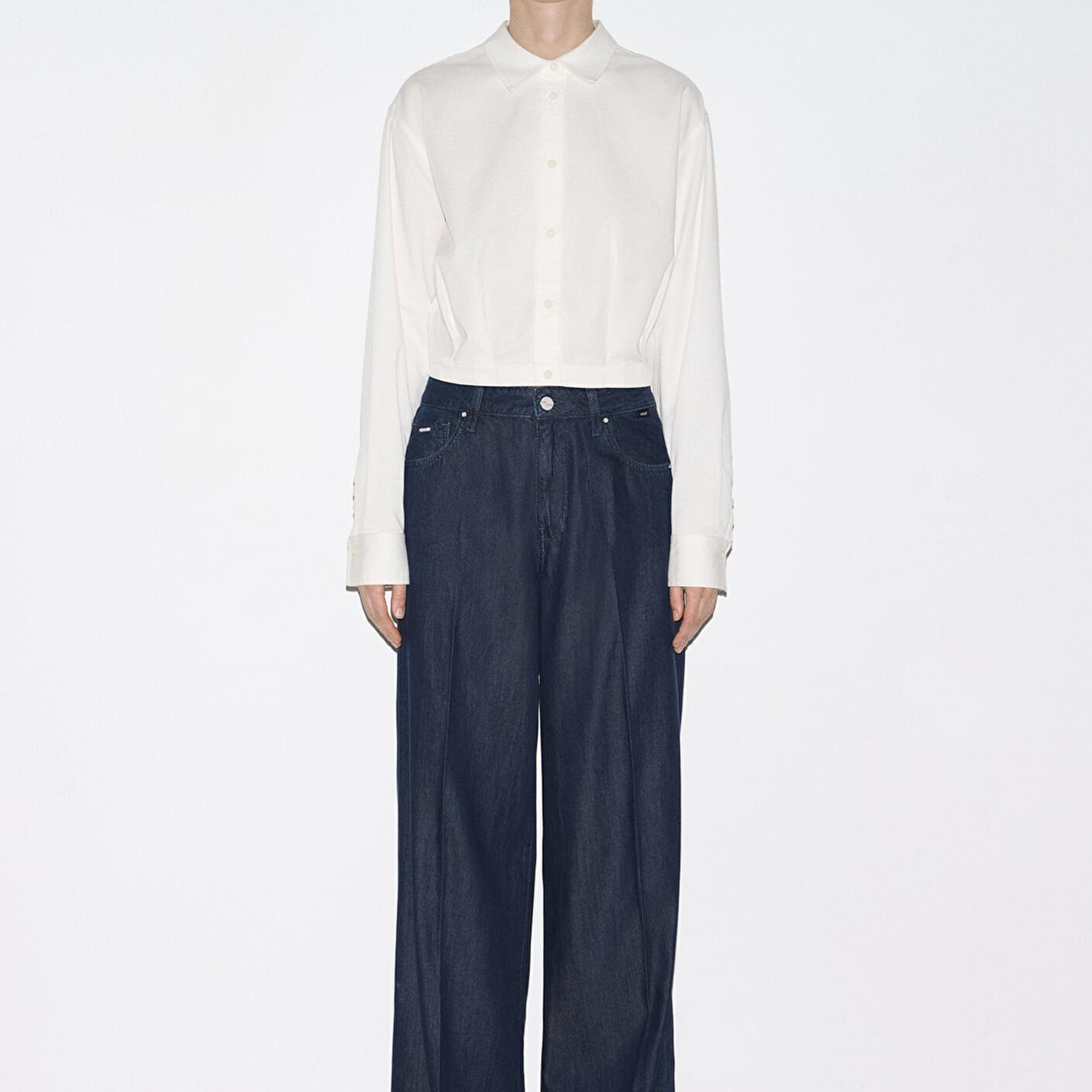 Mavi Ekru Crop Gömlek Loose Fit / Bol Rahat Kesim 1211430-70057