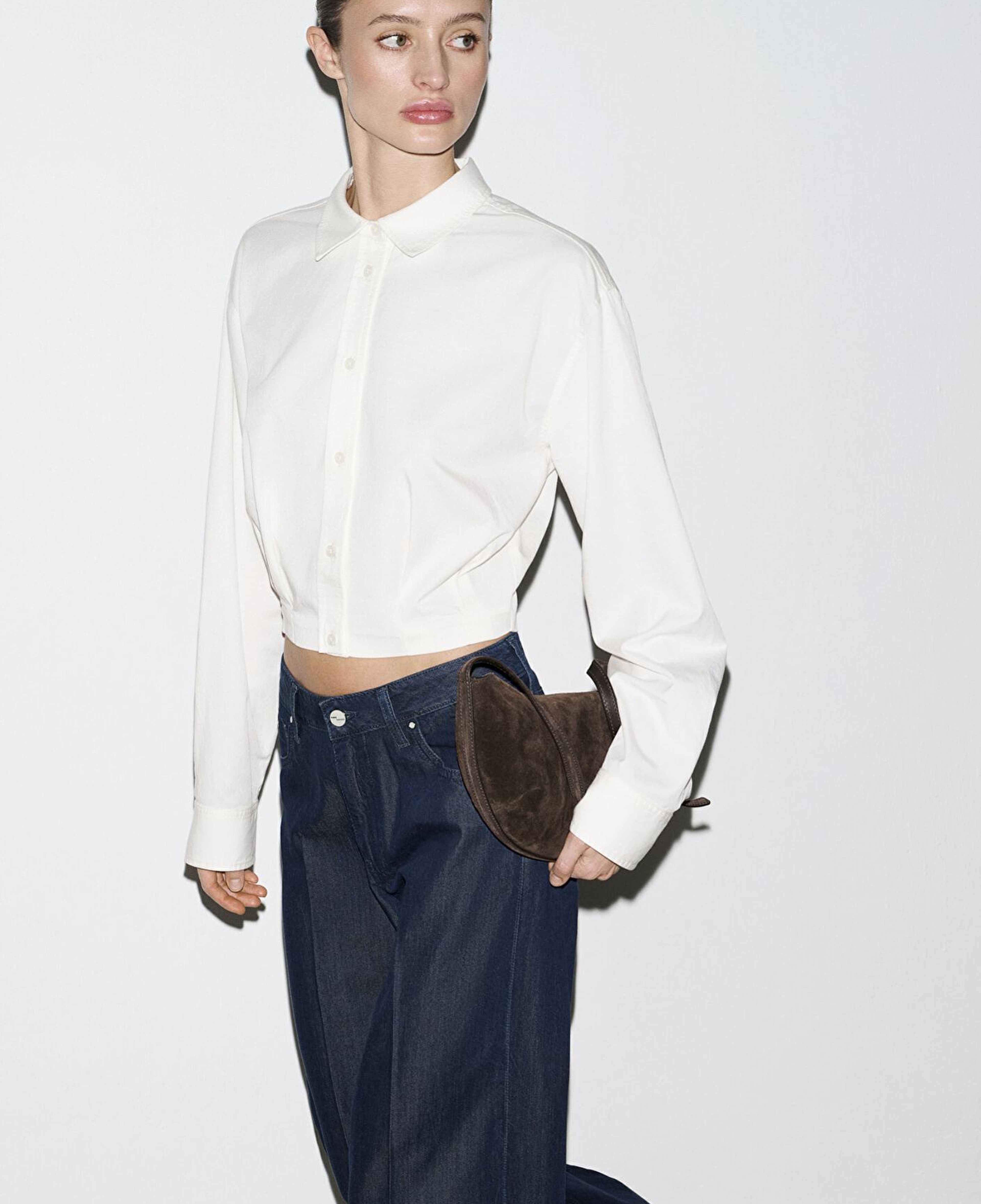 Mavi Ekru Crop Gömlek Loose Fit / Bol Rahat Kesim 1211430-70057