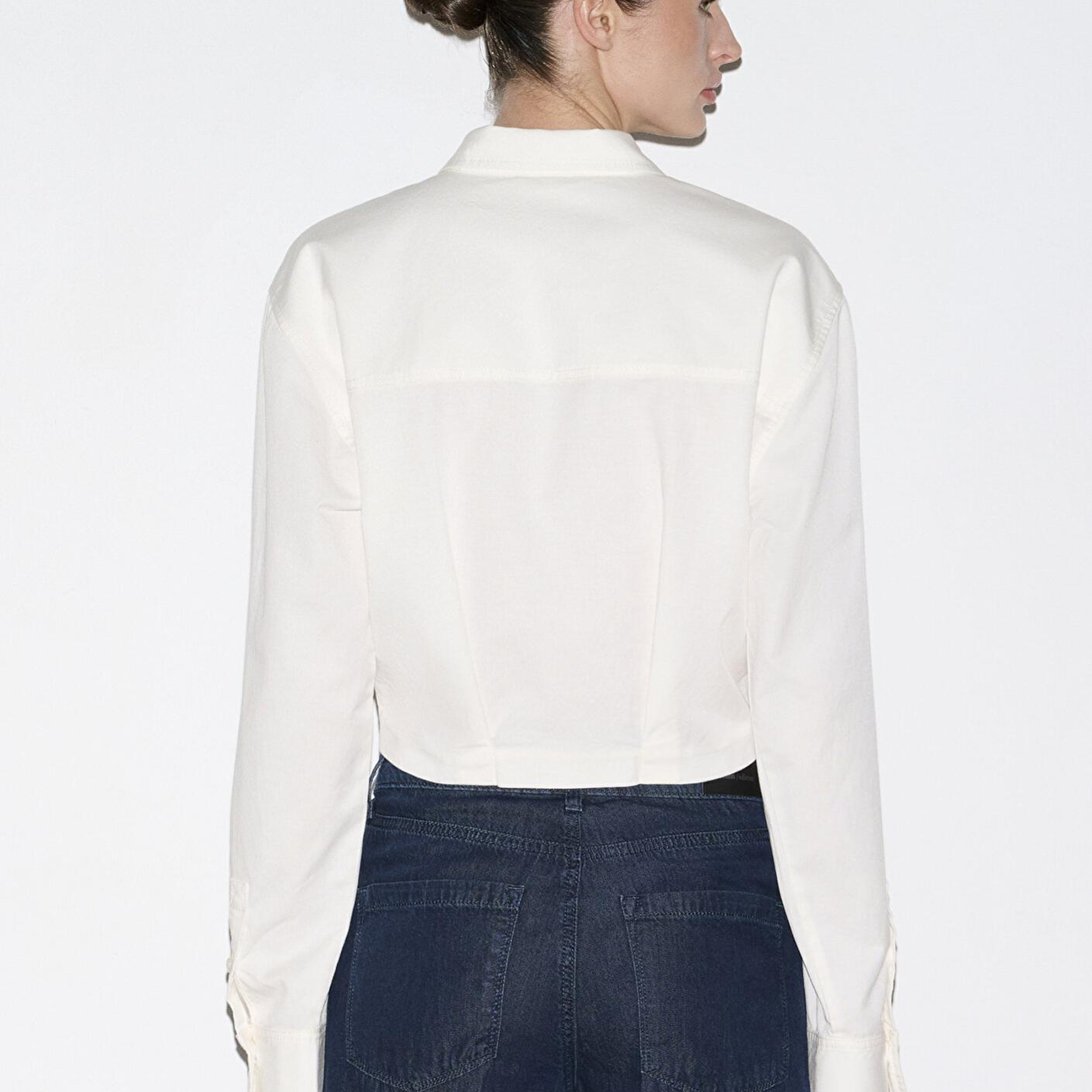 Mavi Ekru Crop Gömlek Loose Fit / Bol Rahat Kesim 1211430-70057