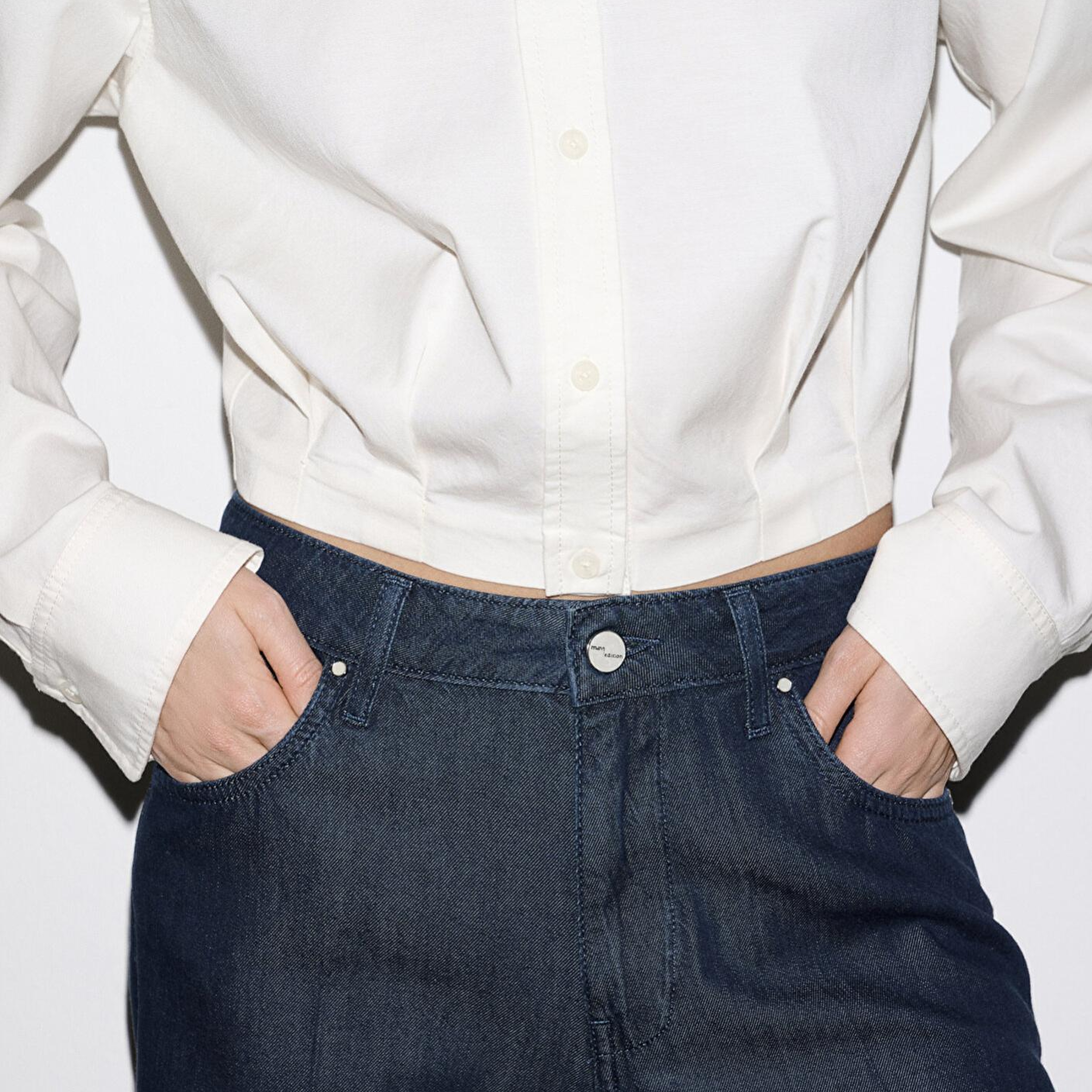 Mavi Ekru Crop Gömlek Loose Fit / Bol Rahat Kesim 1211430-70057