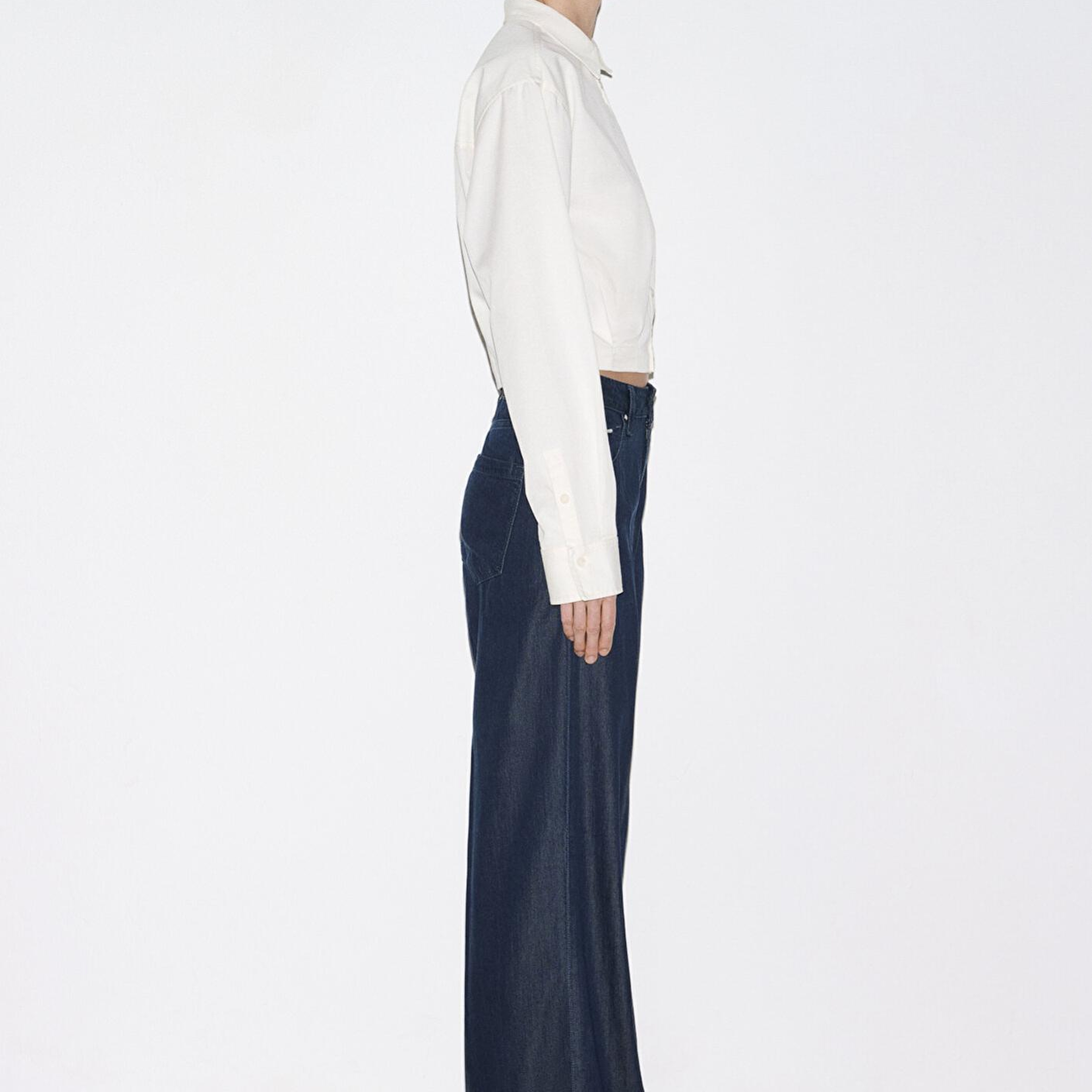 Mavi Ekru Crop Gömlek Loose Fit / Bol Rahat Kesim 1211430-70057