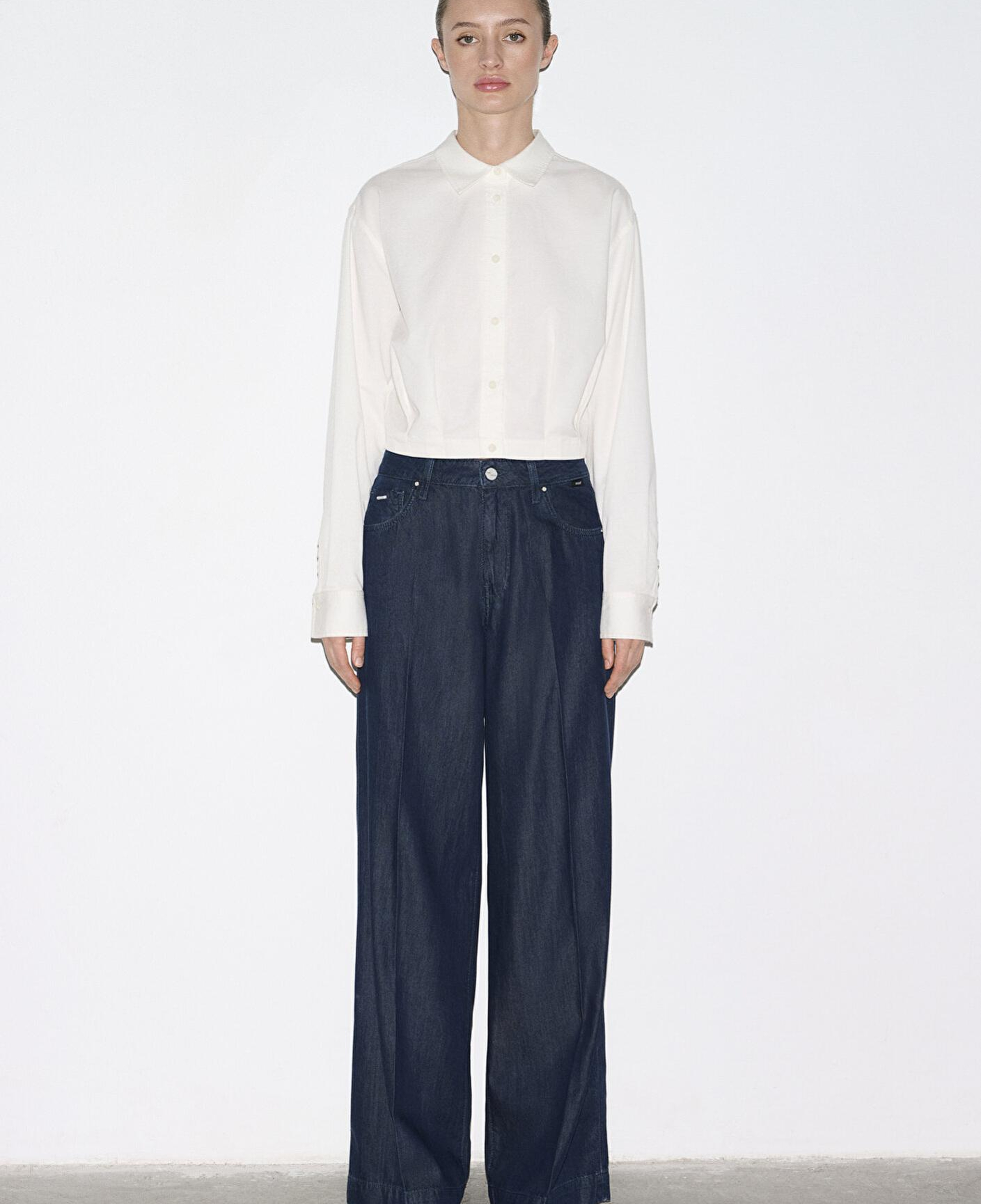 Mavi Ekru Crop Gömlek Loose Fit / Bol Rahat Kesim 1211430-70057