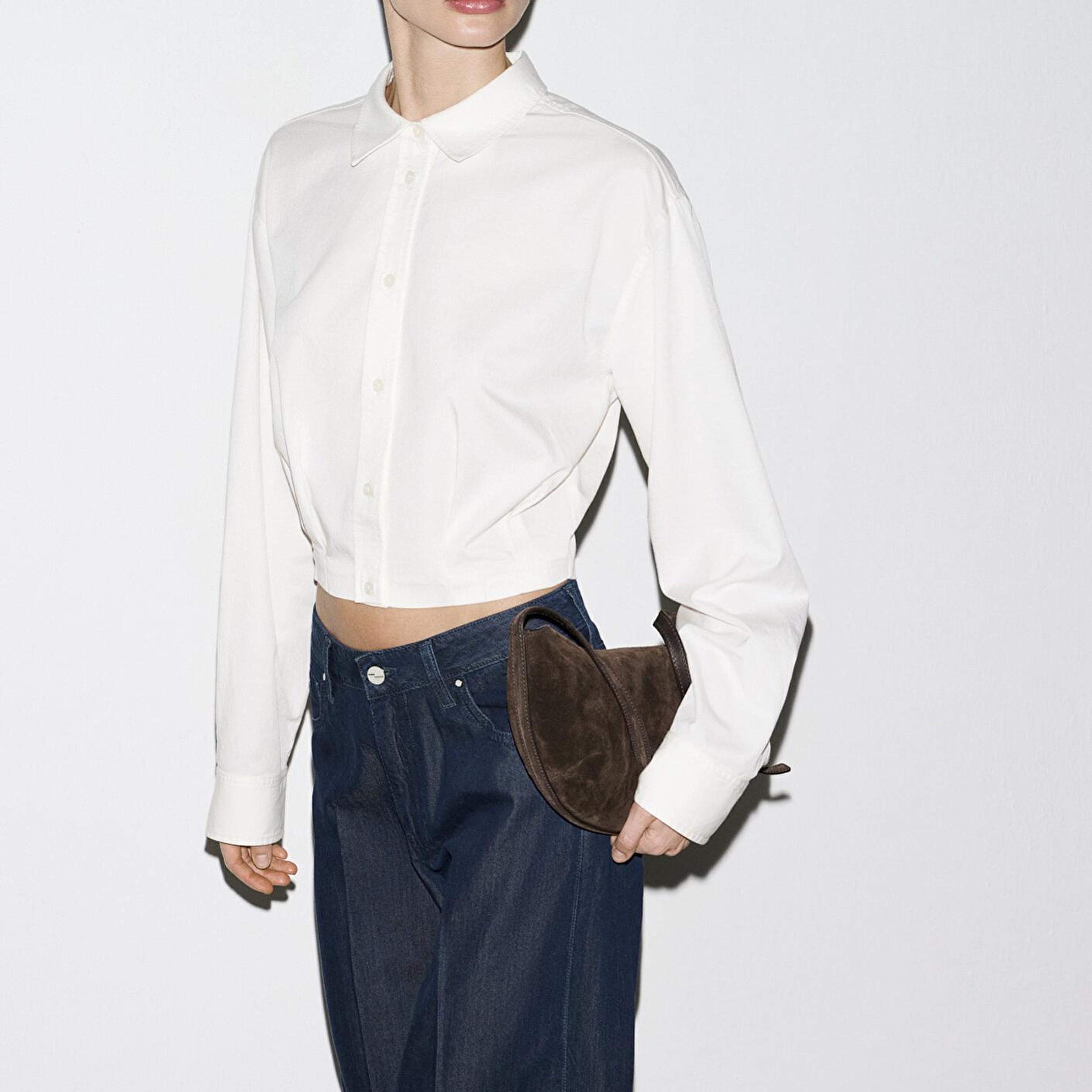 Mavi Ekru Crop Gömlek Loose Fit / Bol Rahat Kesim 1211430-70057