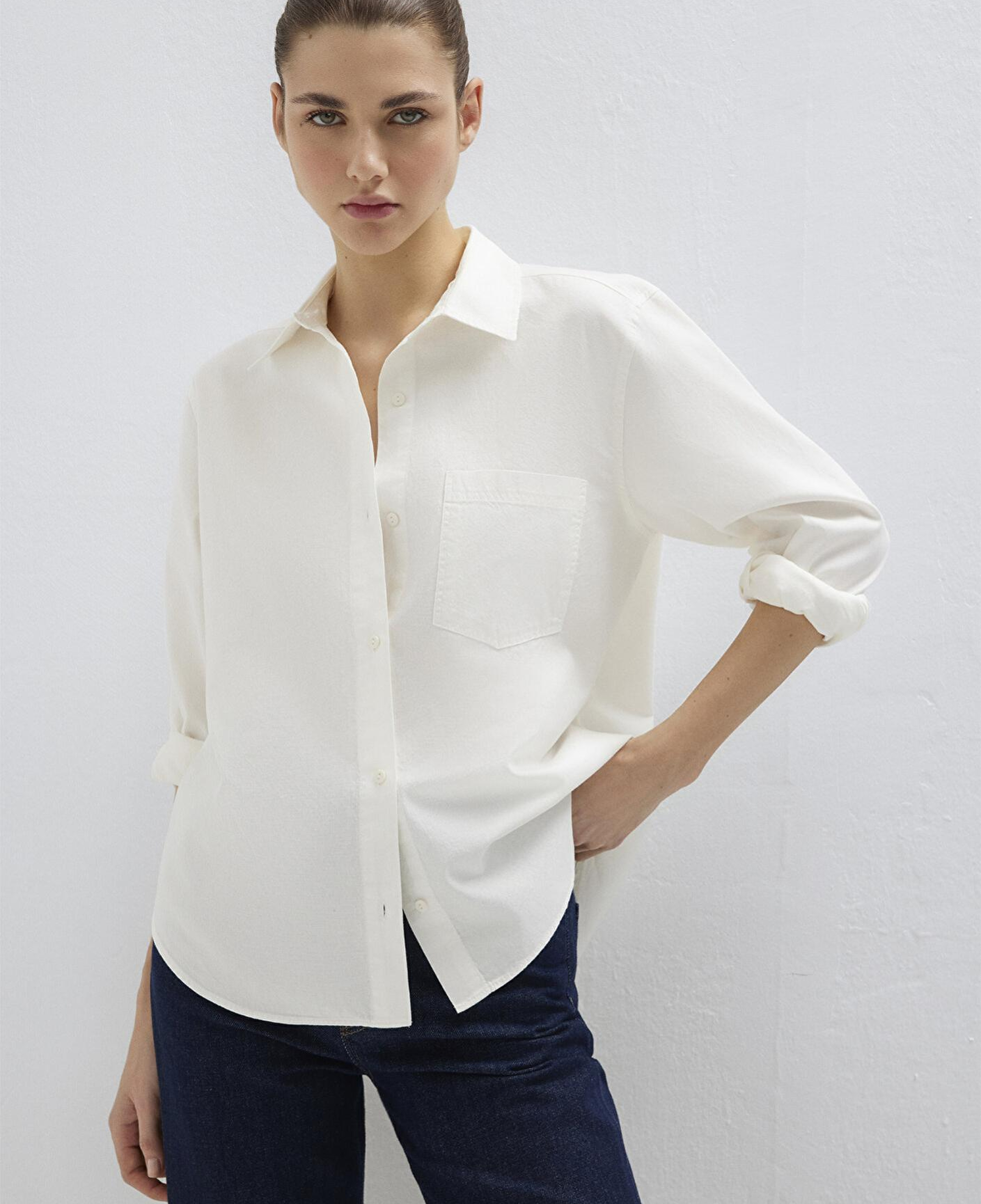 Mavi Cepli Ekru Gömlek Loose Fit / Bol Rahat Kesim 1211434-70057