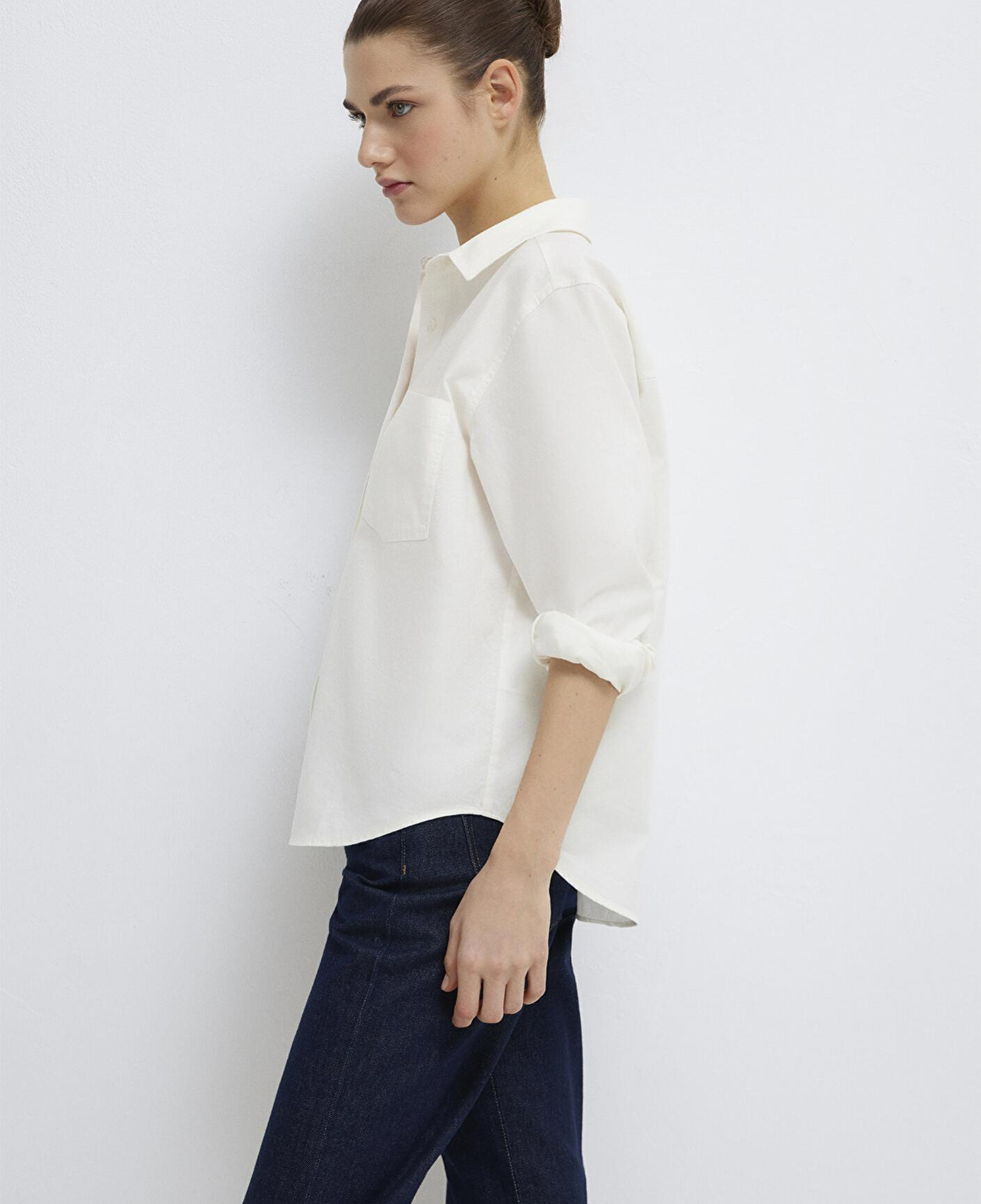 Mavi Cepli Ekru Gömlek Loose Fit / Bol Rahat Kesim 1211434-70057