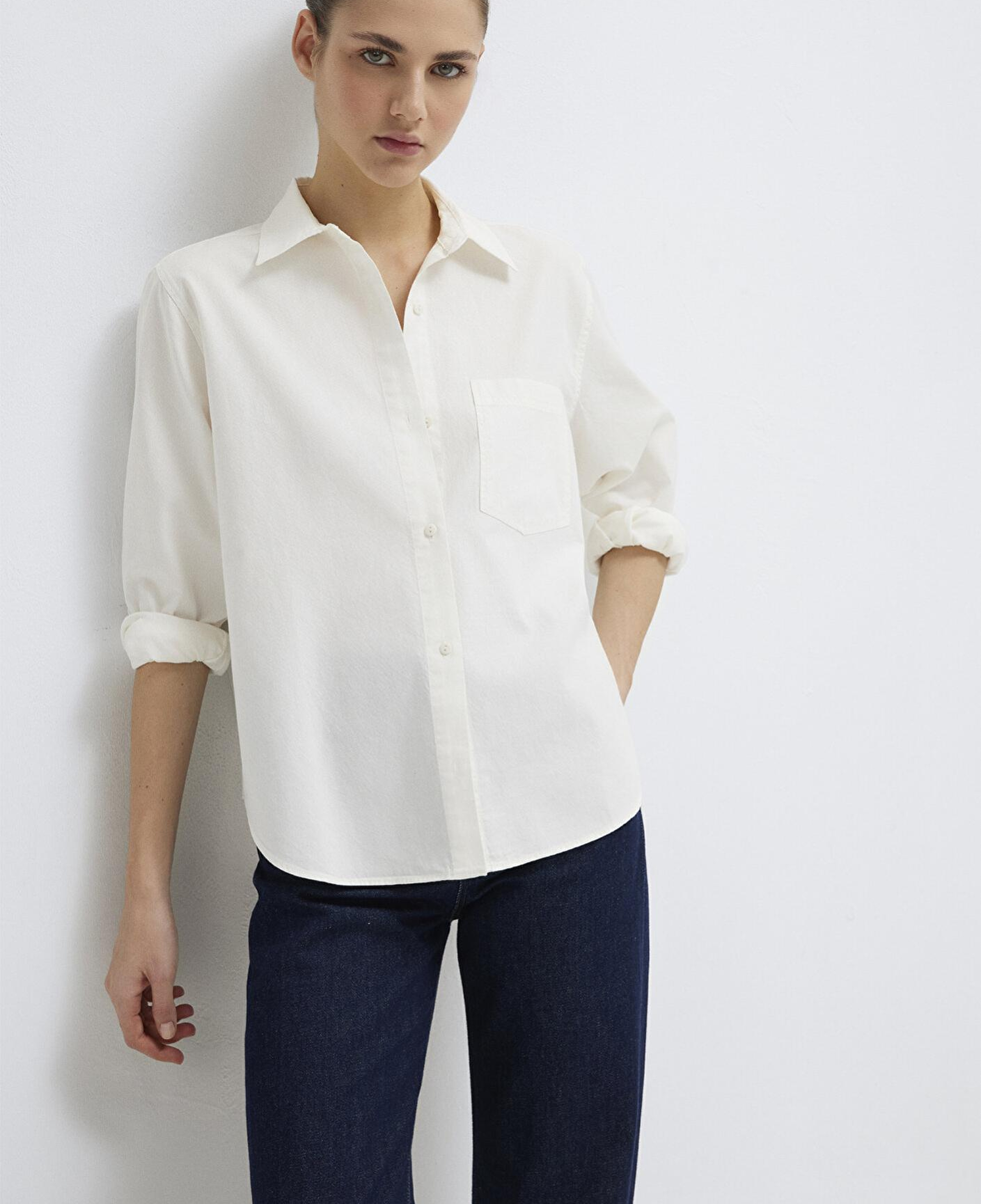 Mavi Cepli Ekru Gömlek Loose Fit / Bol Rahat Kesim 1211434-70057