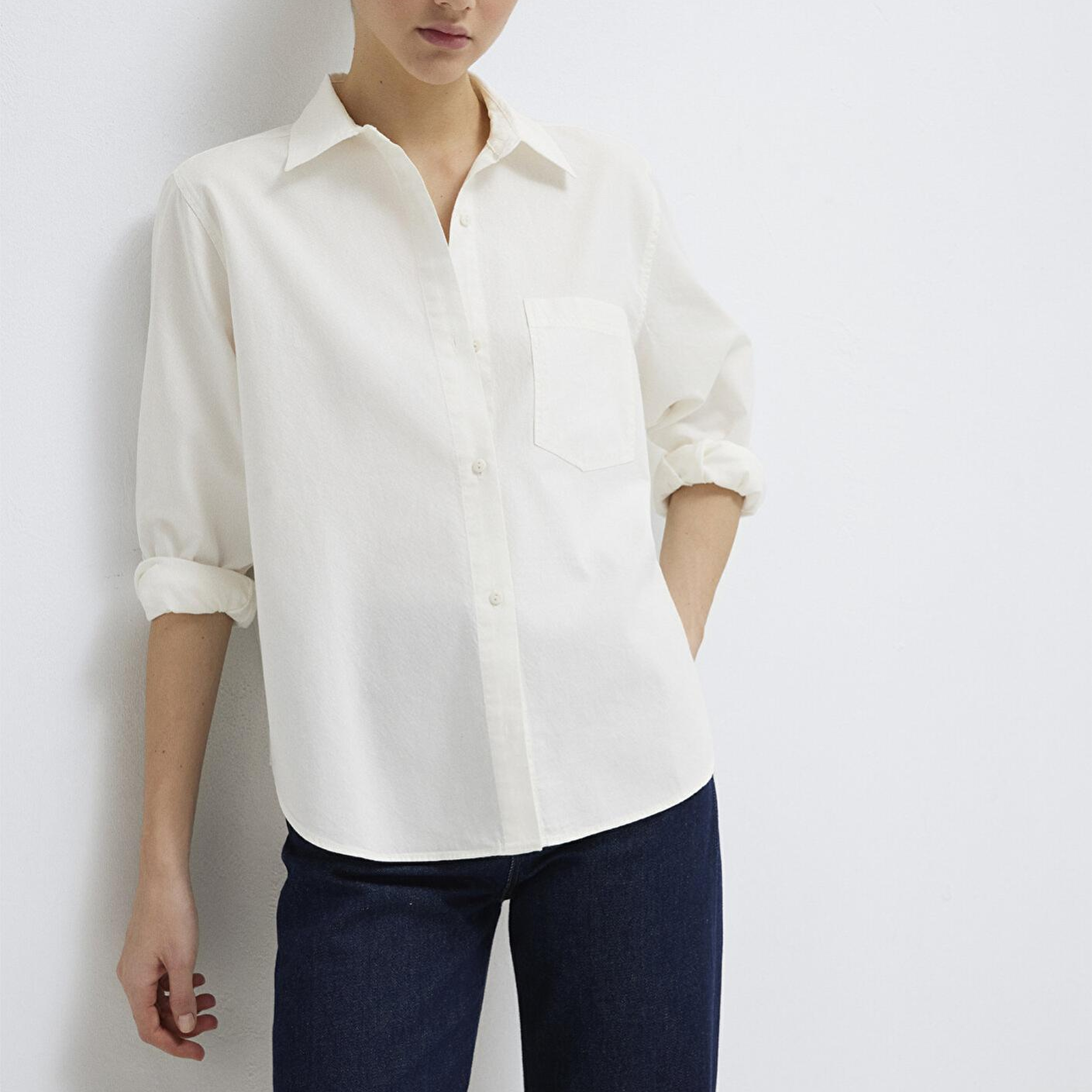 Mavi Cepli Ekru Gömlek Loose Fit / Bol Rahat Kesim 1211434-70057