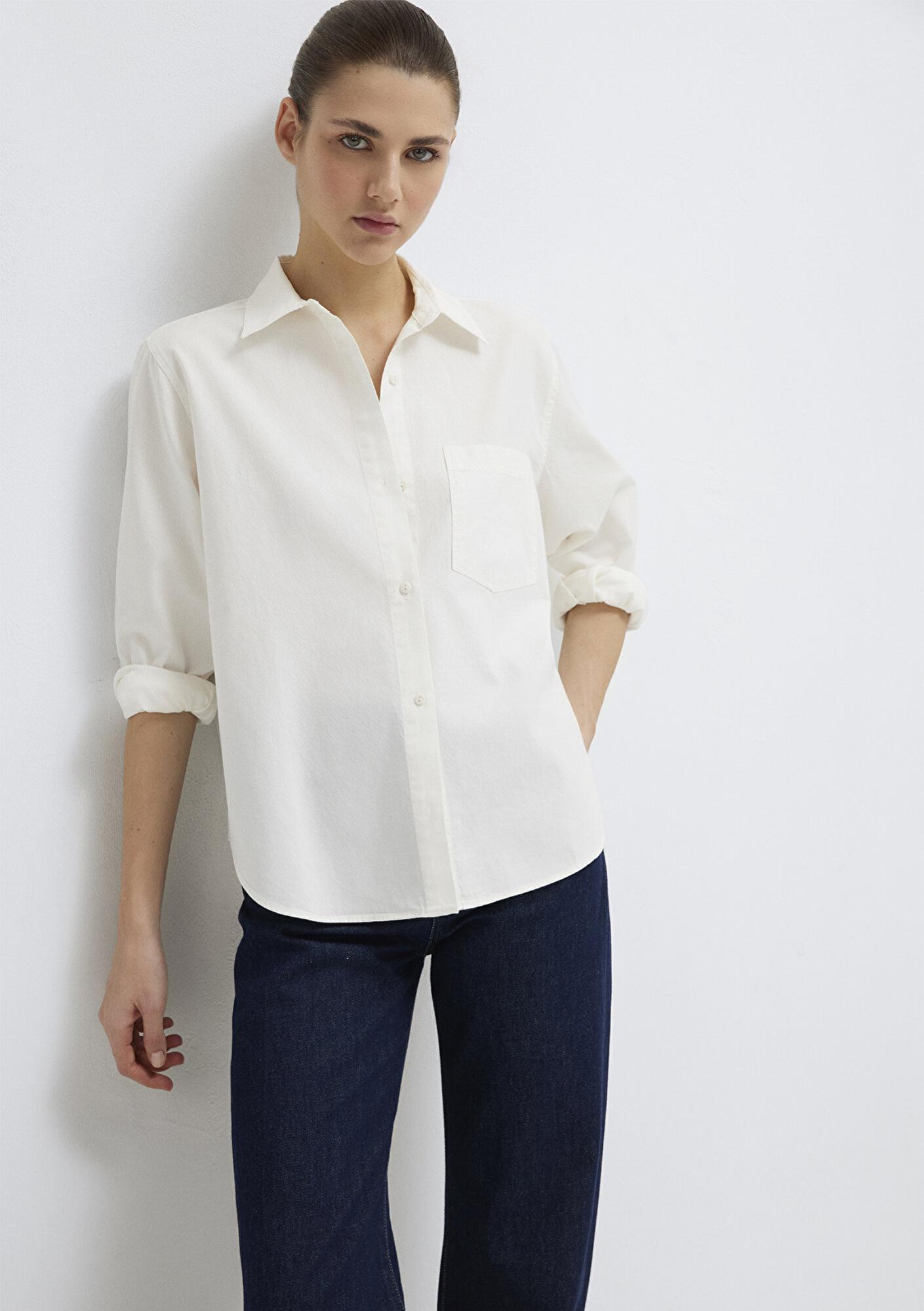 Mavi Cepli Ekru Gömlek Loose Fit / Bol Rahat Kesim 1211434-70057