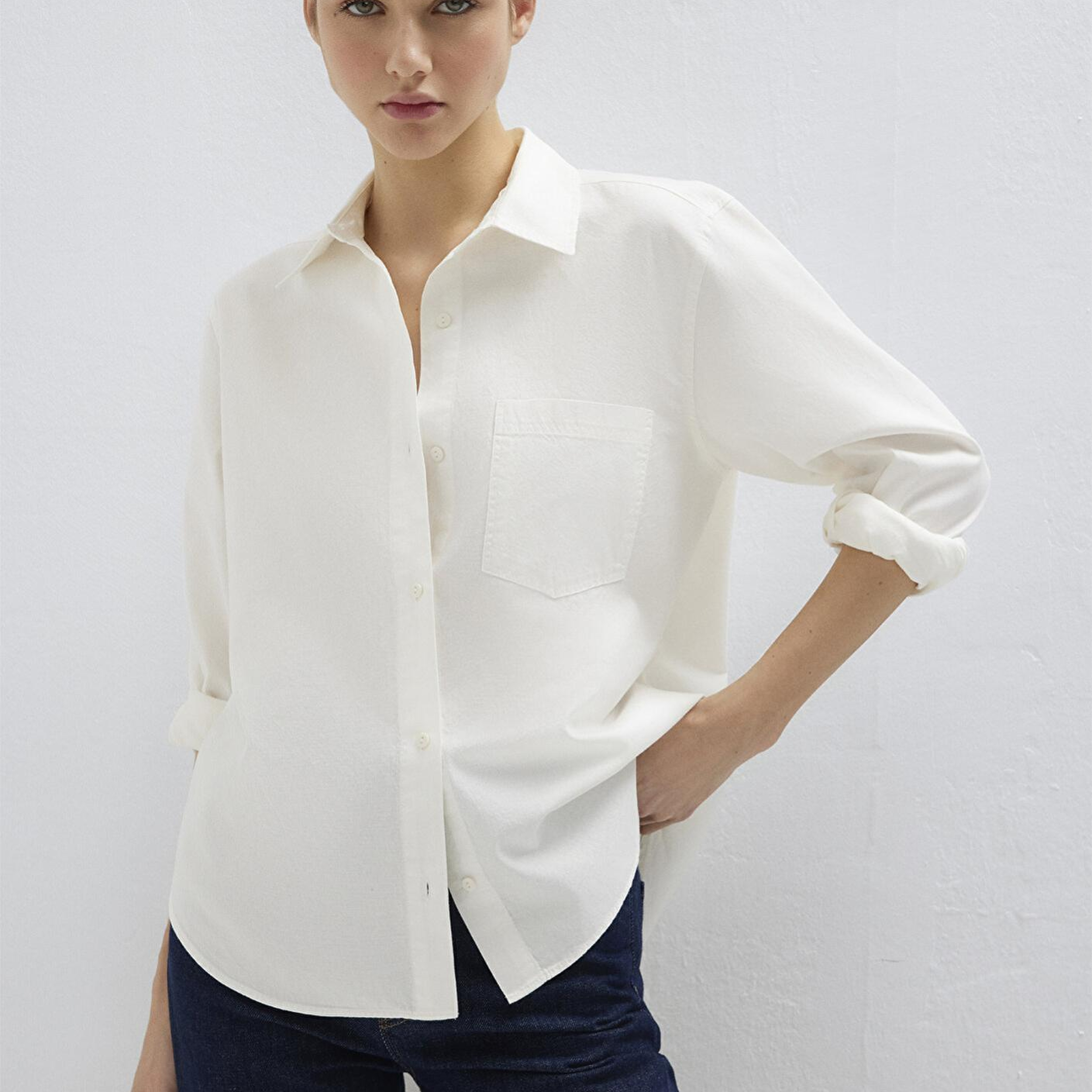 Mavi Cepli Ekru Gömlek Loose Fit / Bol Rahat Kesim 1211434-70057