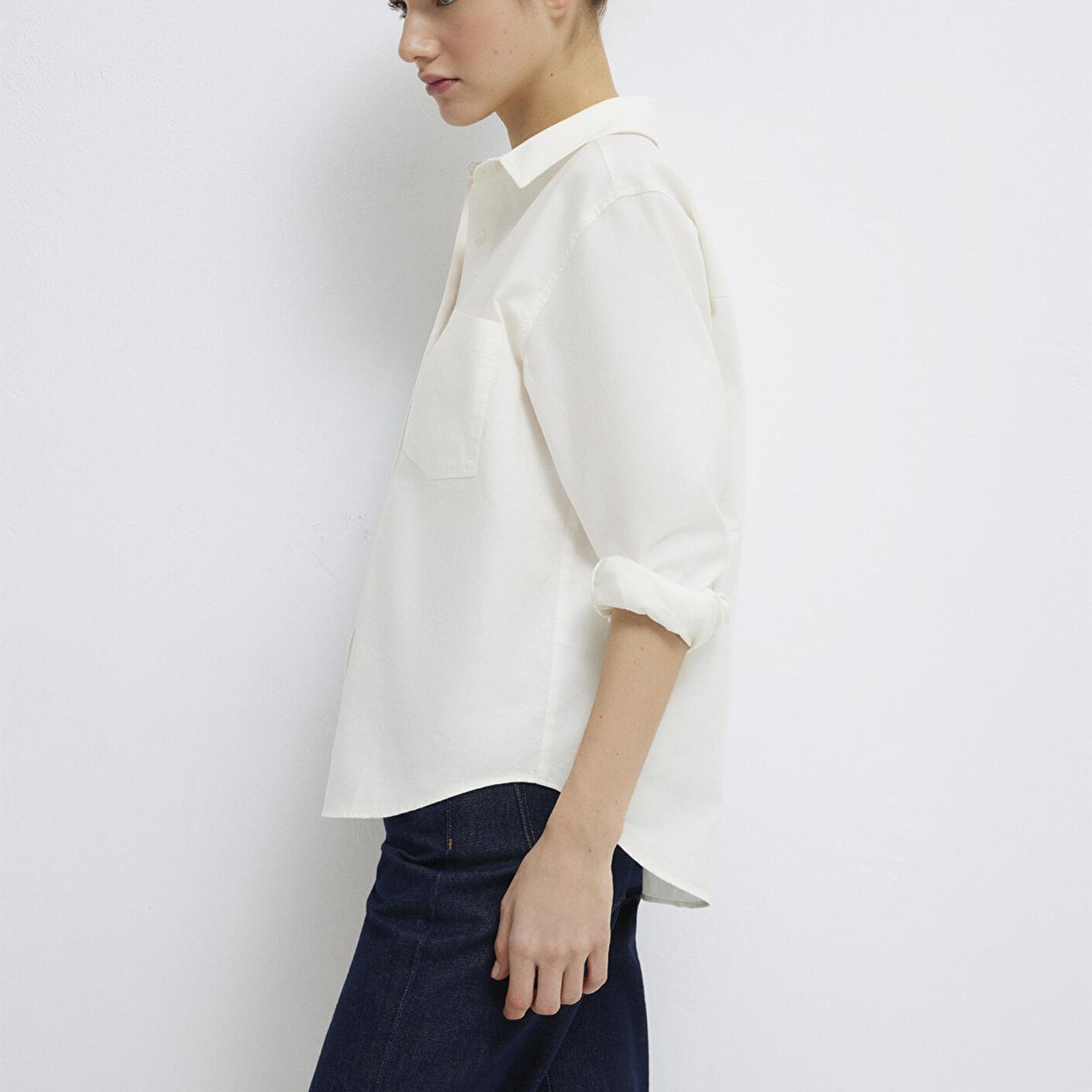 Mavi Cepli Ekru Gömlek Loose Fit / Bol Rahat Kesim 1211434-70057