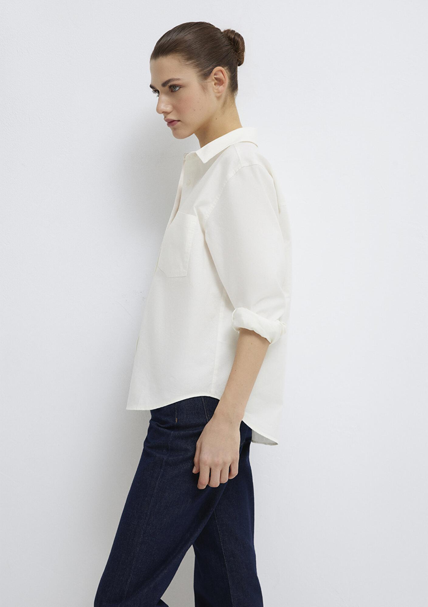 Mavi Cepli Ekru Gömlek Loose Fit / Bol Rahat Kesim 1211434-70057