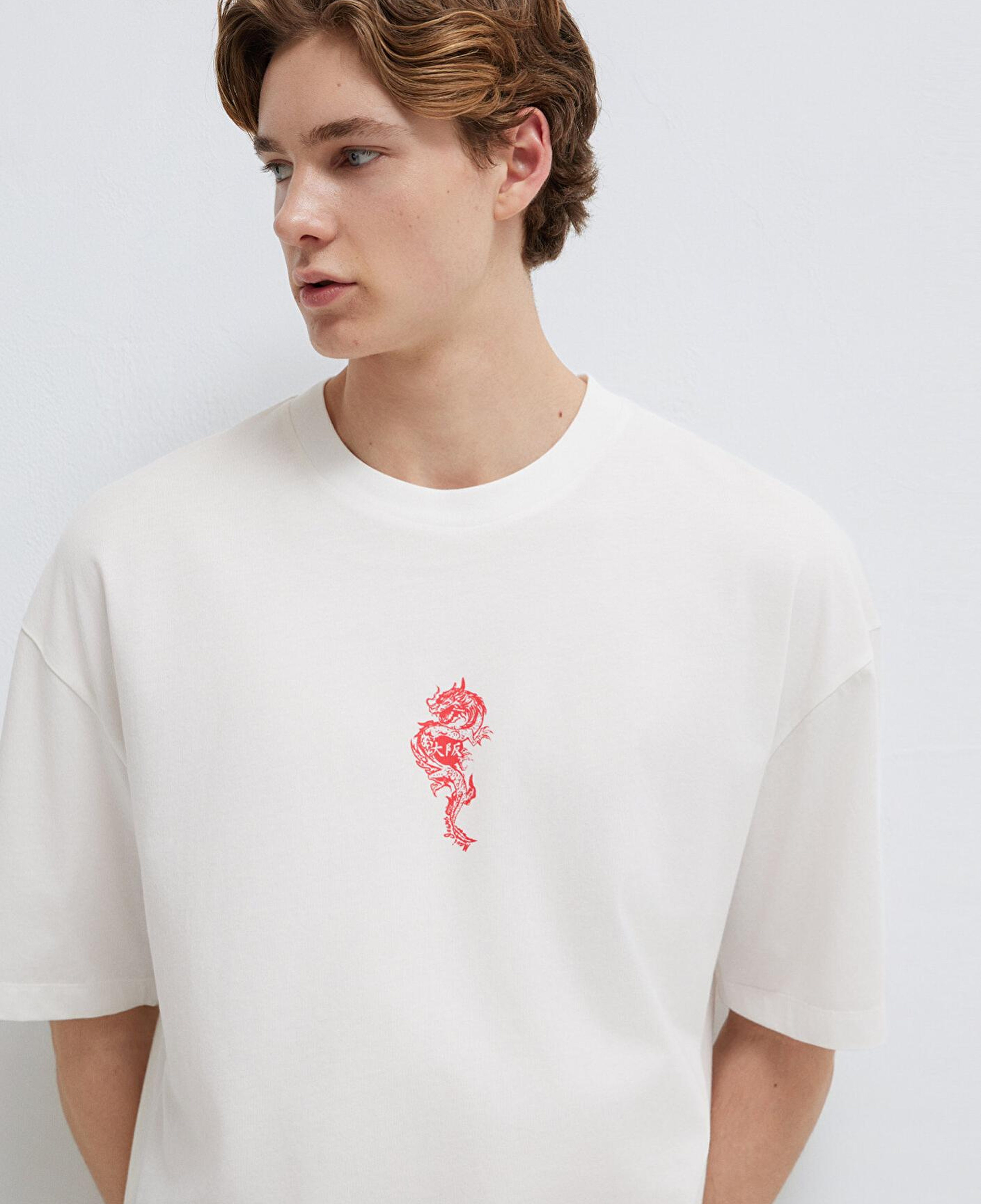 Mavi Ejderha Baskılı Ekru Tişört Oversize / Geniş Kesim 0613300-70057