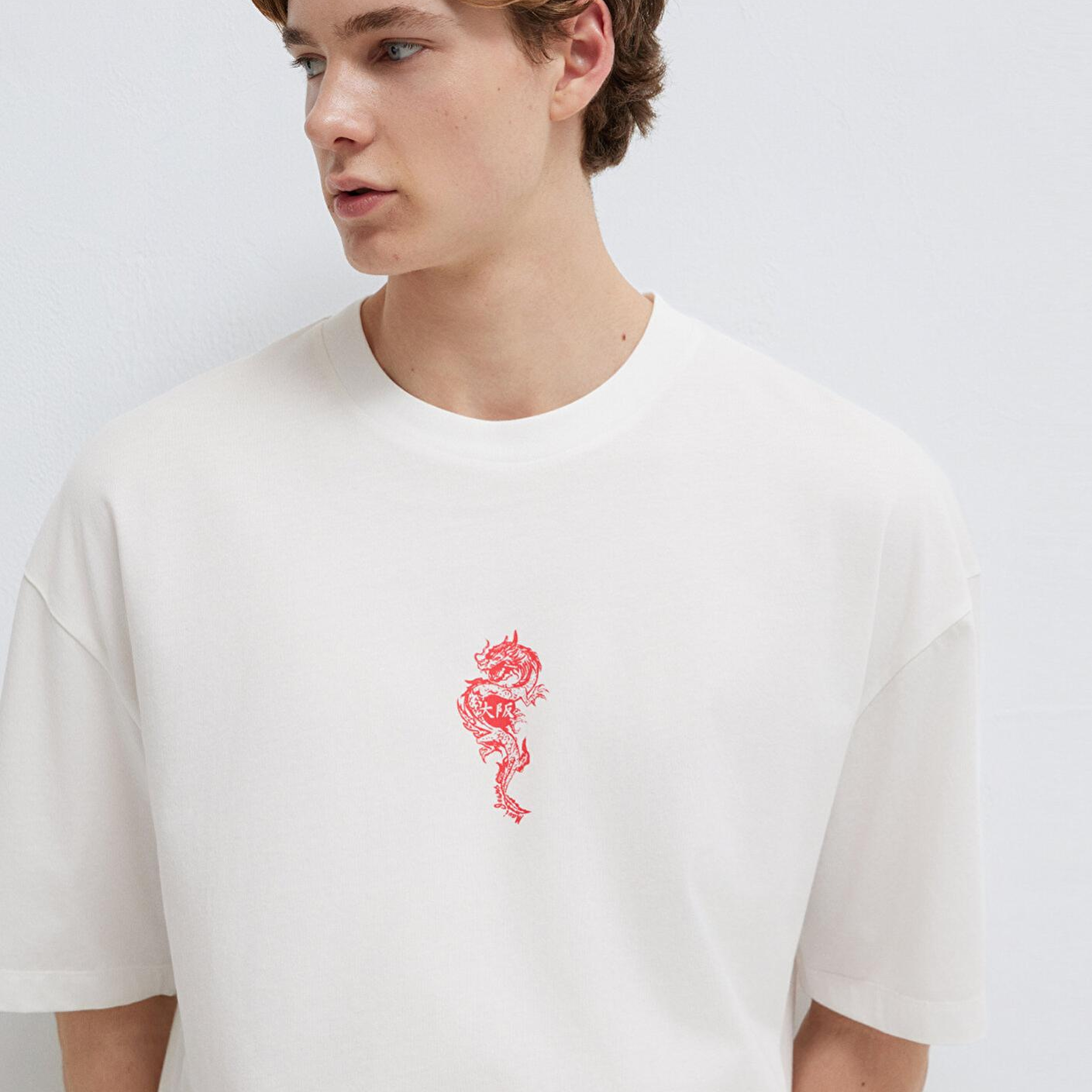 Mavi Ejderha Baskılı Ekru Tişört Oversize / Geniş Kesim 0613300-70057