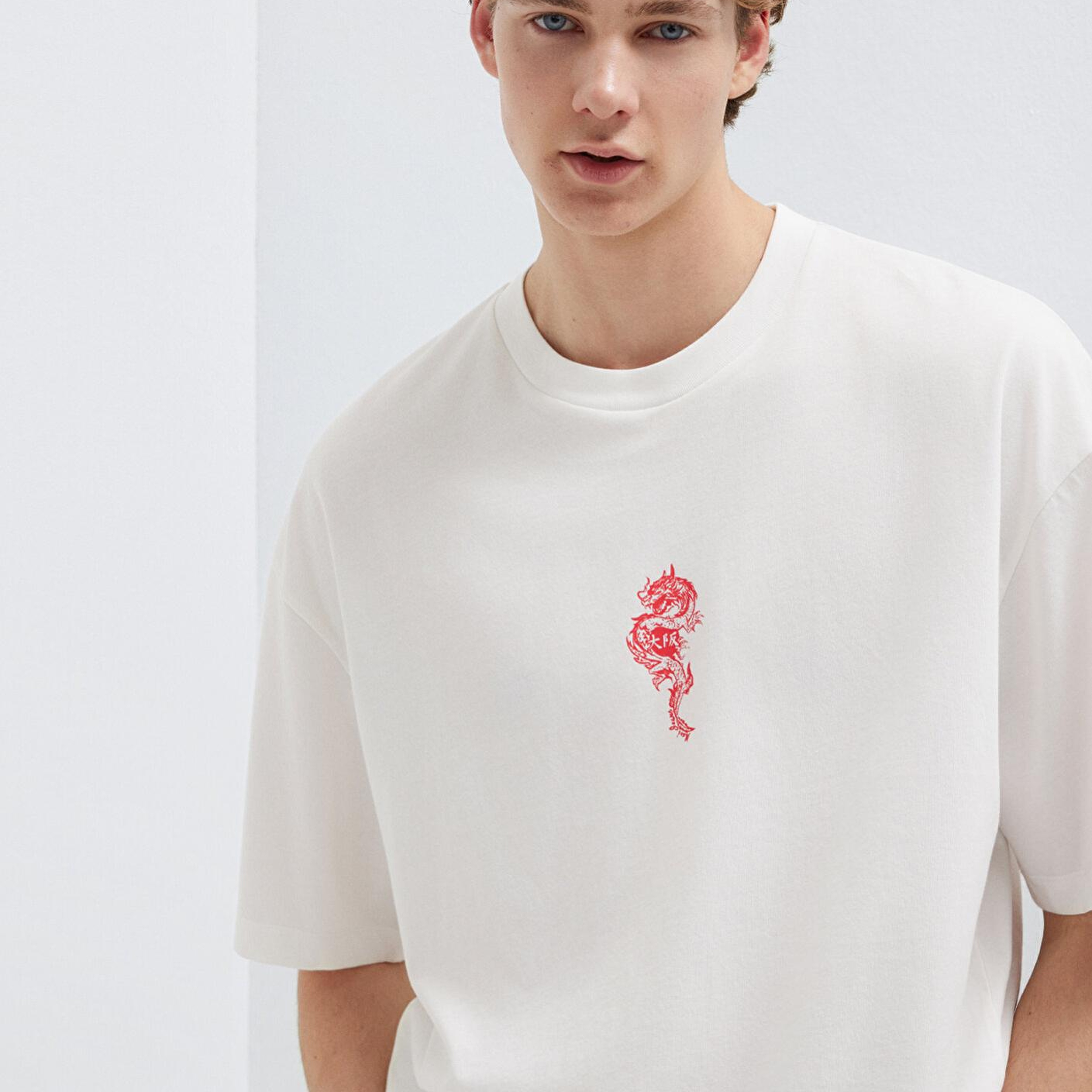 Mavi Ejderha Baskılı Ekru Tişört Oversize / Geniş Kesim 0613300-70057