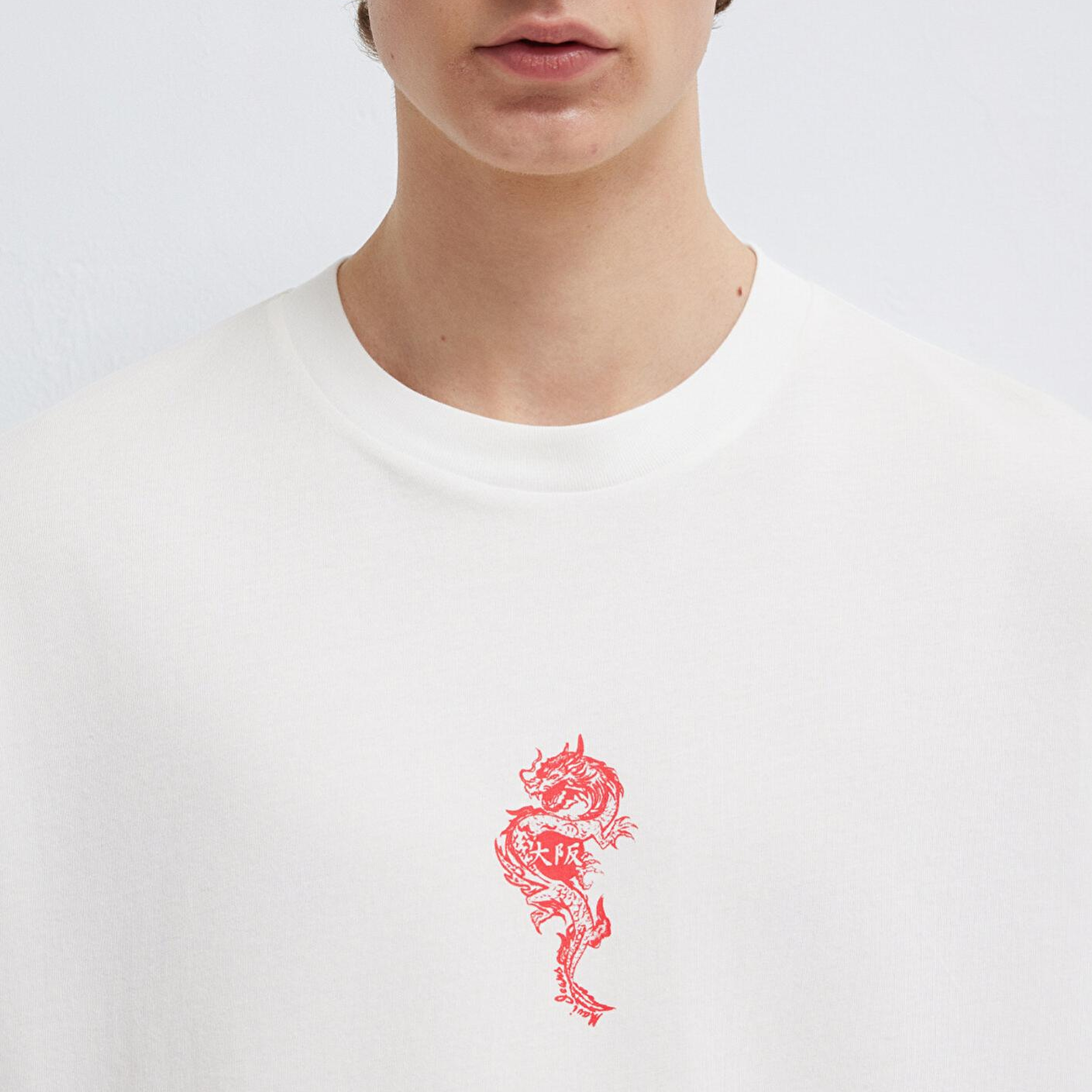 Mavi Ejderha Baskılı Ekru Tişört Oversize / Geniş Kesim 0613300-70057