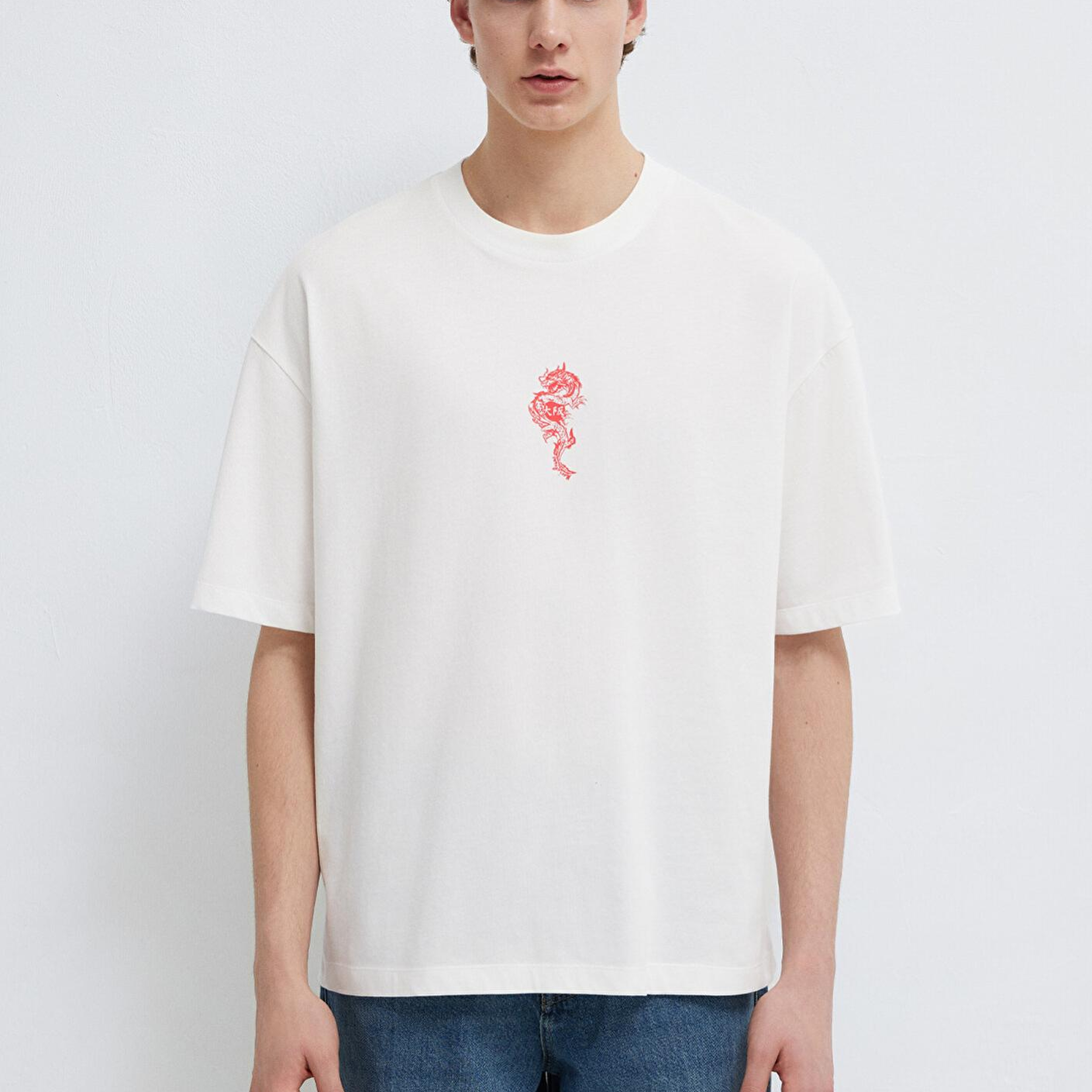 Mavi Ejderha Baskılı Ekru Tişört Oversize / Geniş Kesim 0613300-70057