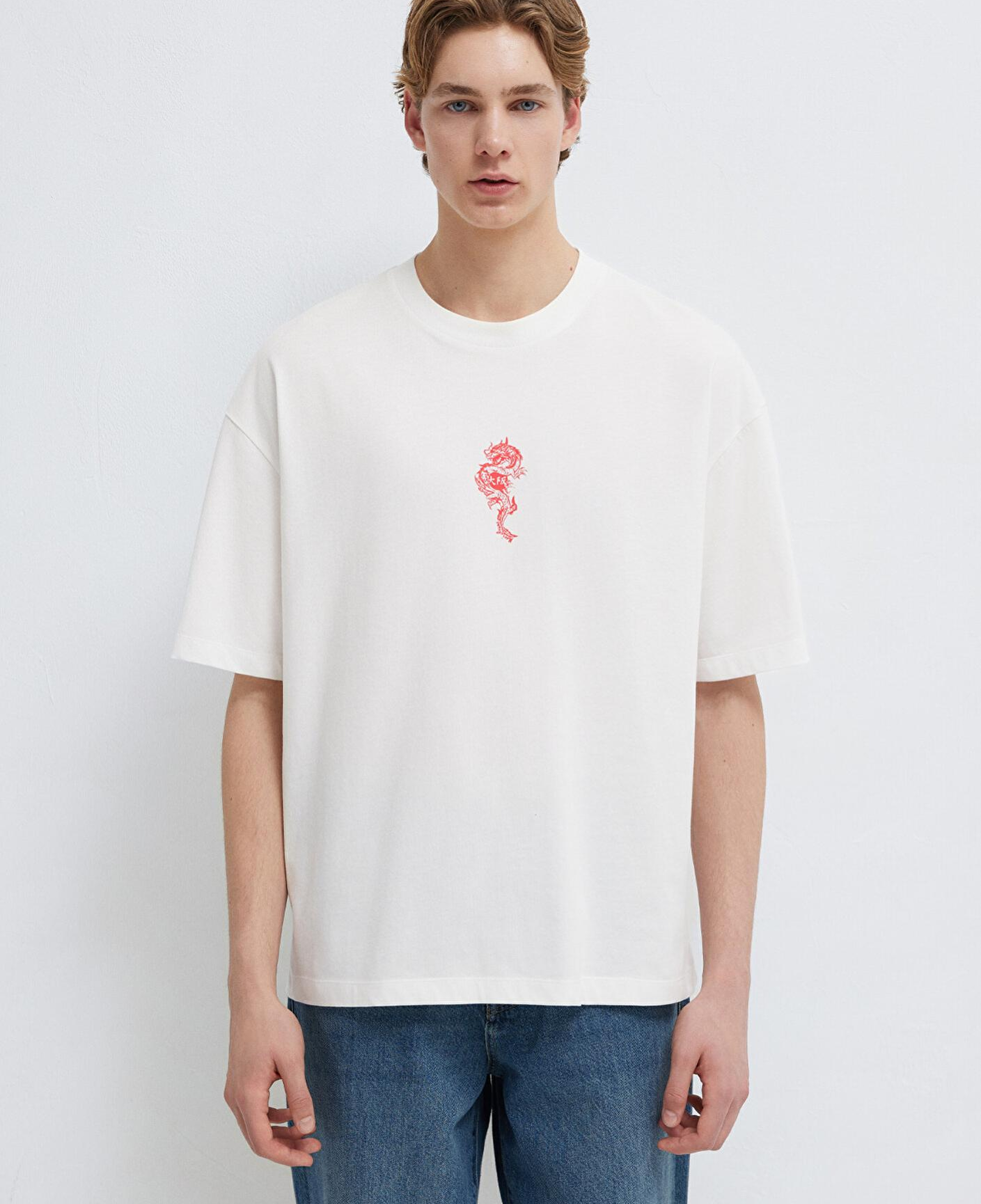 Mavi Ejderha Baskılı Ekru Tişört Oversize / Geniş Kesim 0613300-70057
