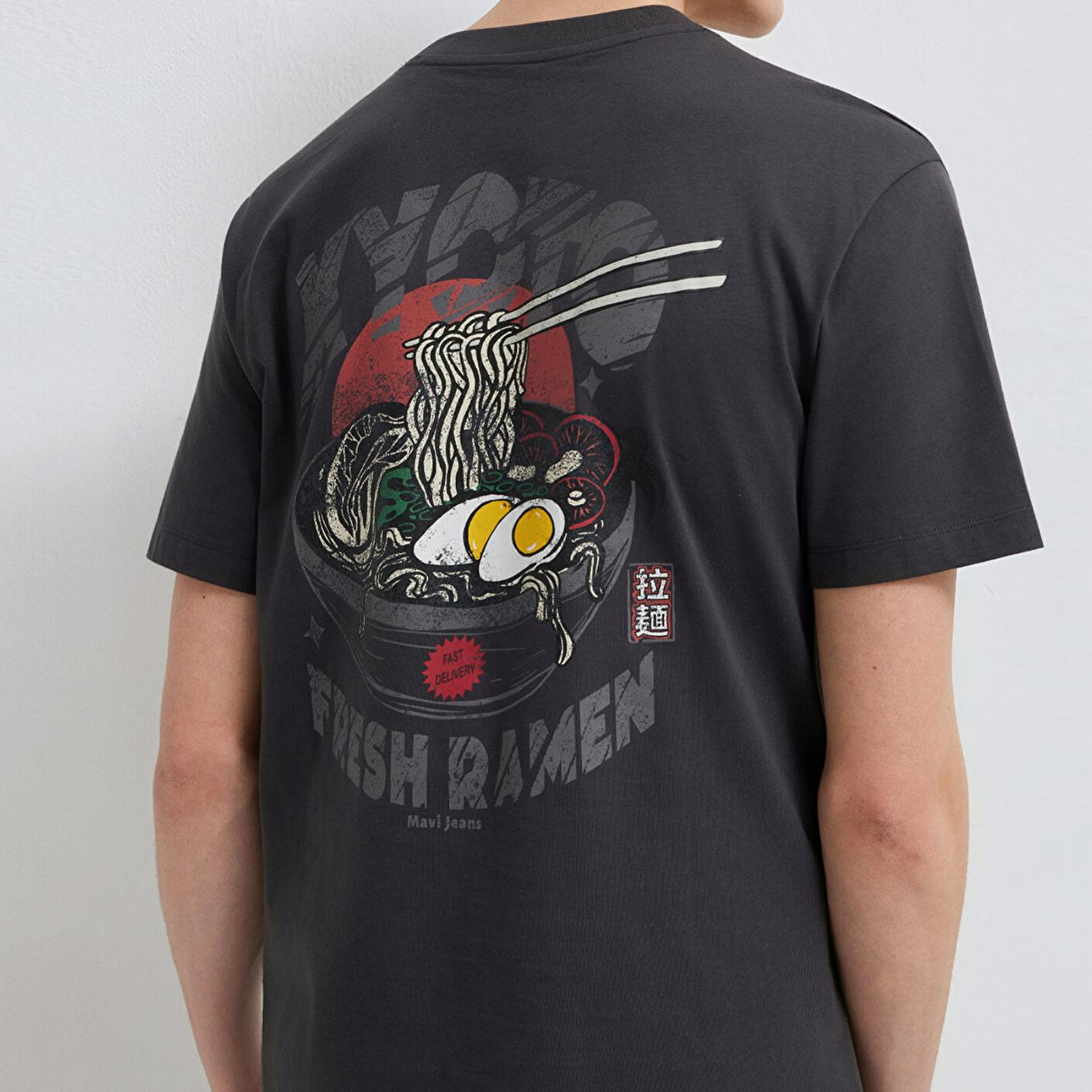 Mavi Ramen Baskılı Antrasit Tişört Loose Fit / Bol Rahat Kesim 0613299-70087