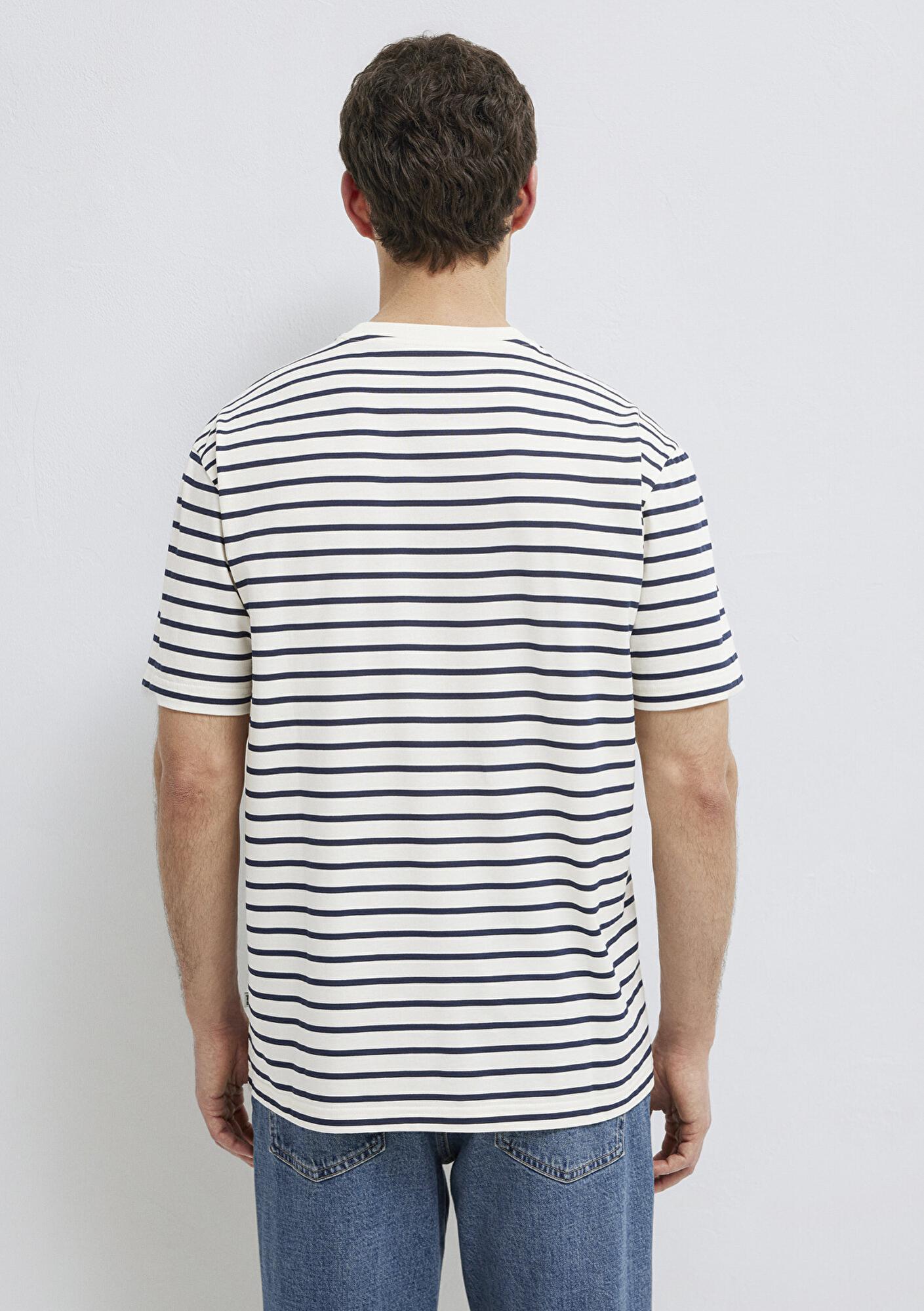 Mavi Lacivert Çizgili Ekru Tişört Loose Fit / Bol Rahat Kesim 0613274-30651