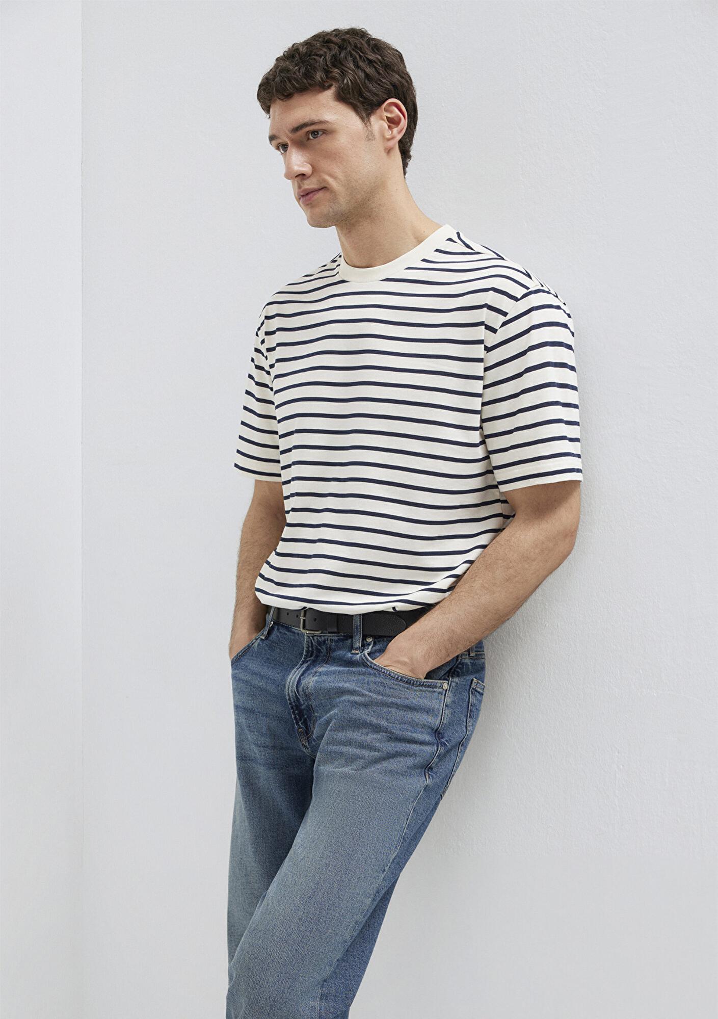 Mavi Lacivert Çizgili Ekru Tişört Loose Fit / Bol Rahat Kesim 0613274-30651