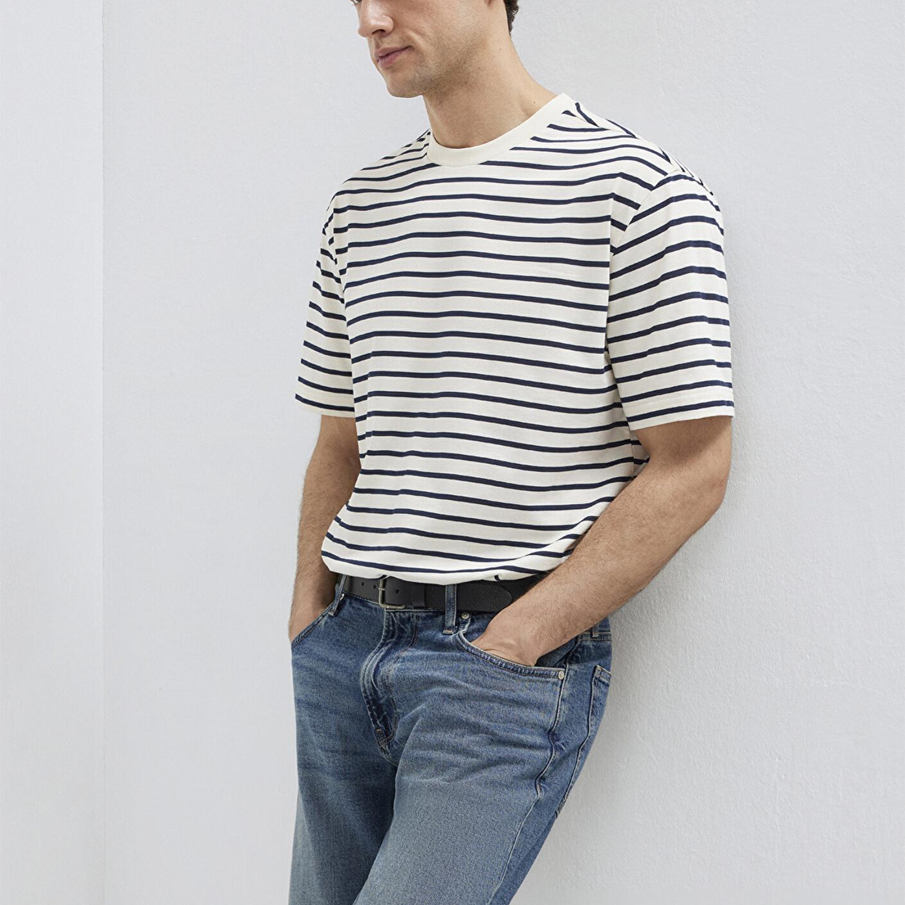 Mavi Lacivert Çizgili Ekru Tişört Loose Fit / Bol Rahat Kesim 0613274-30651