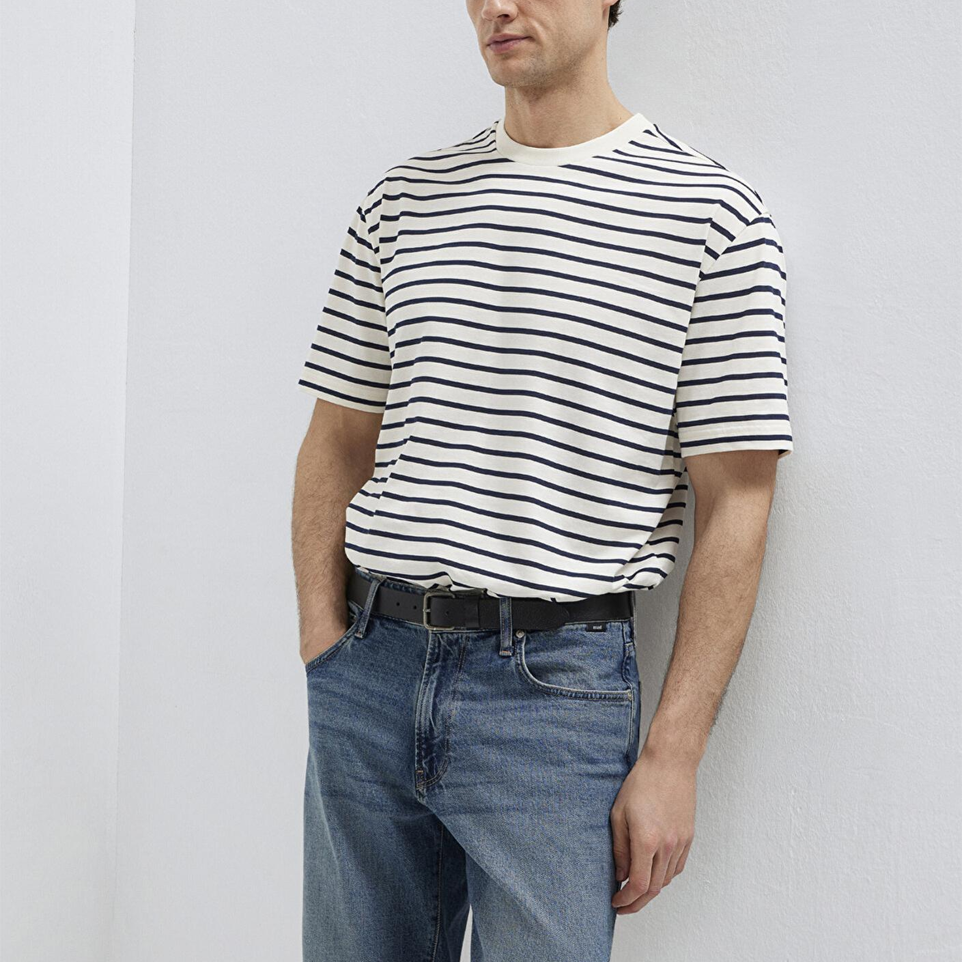 Mavi Lacivert Çizgili Ekru Tişört Loose Fit / Bol Rahat Kesim 0613274-30651