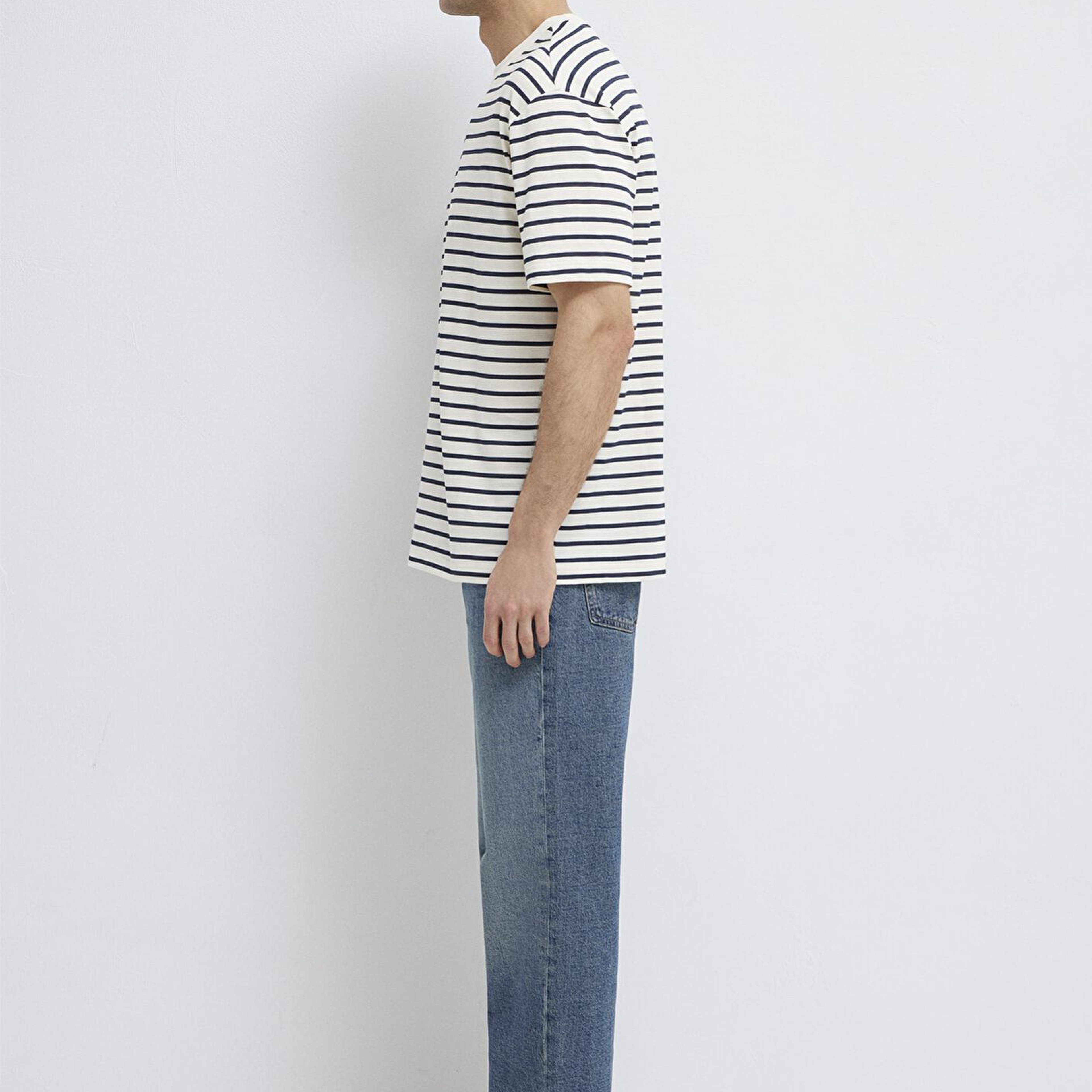 Mavi Lacivert Çizgili Ekru Tişört Loose Fit / Bol Rahat Kesim 0613274-30651