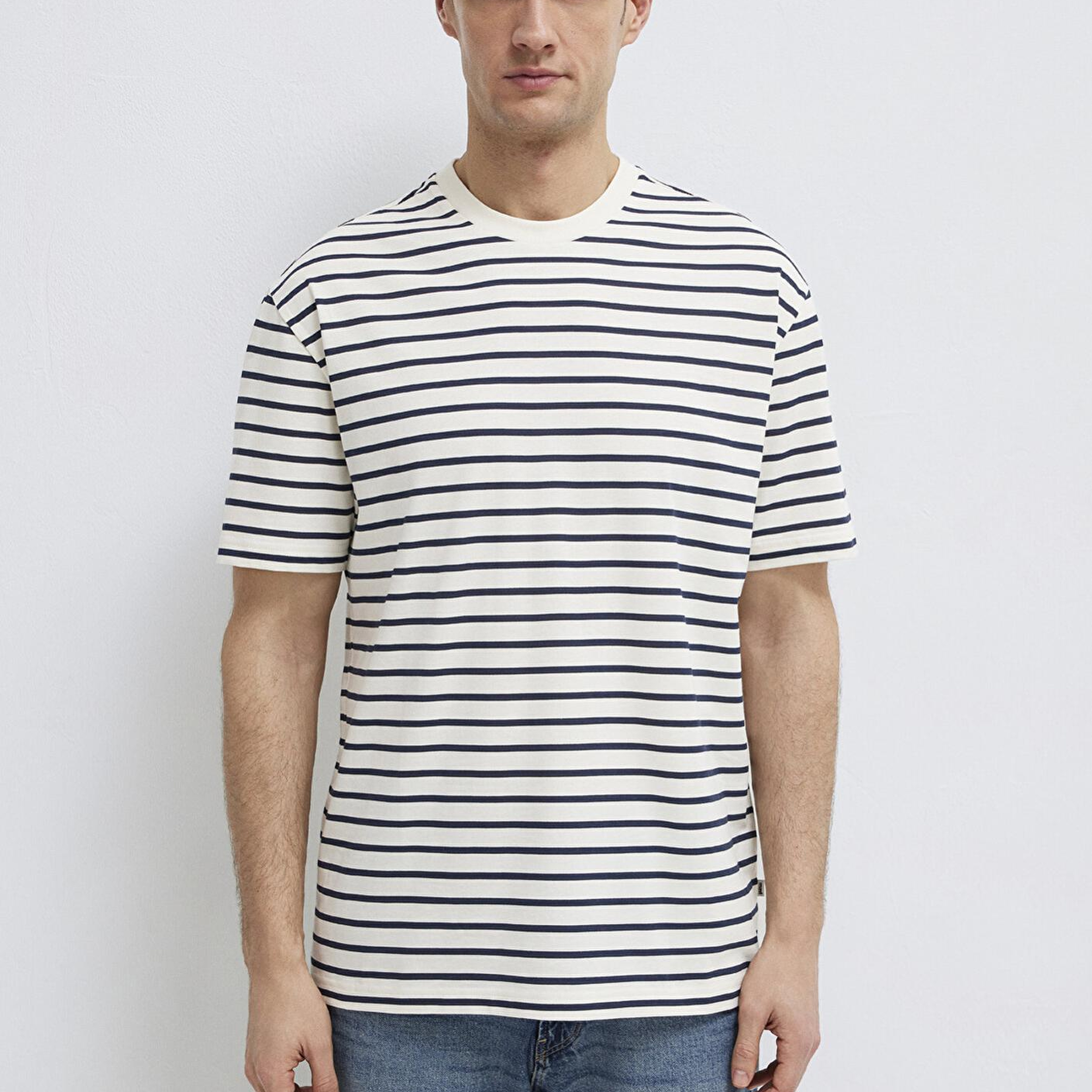 Mavi Lacivert Çizgili Ekru Tişört Loose Fit / Bol Rahat Kesim 0613274-30651