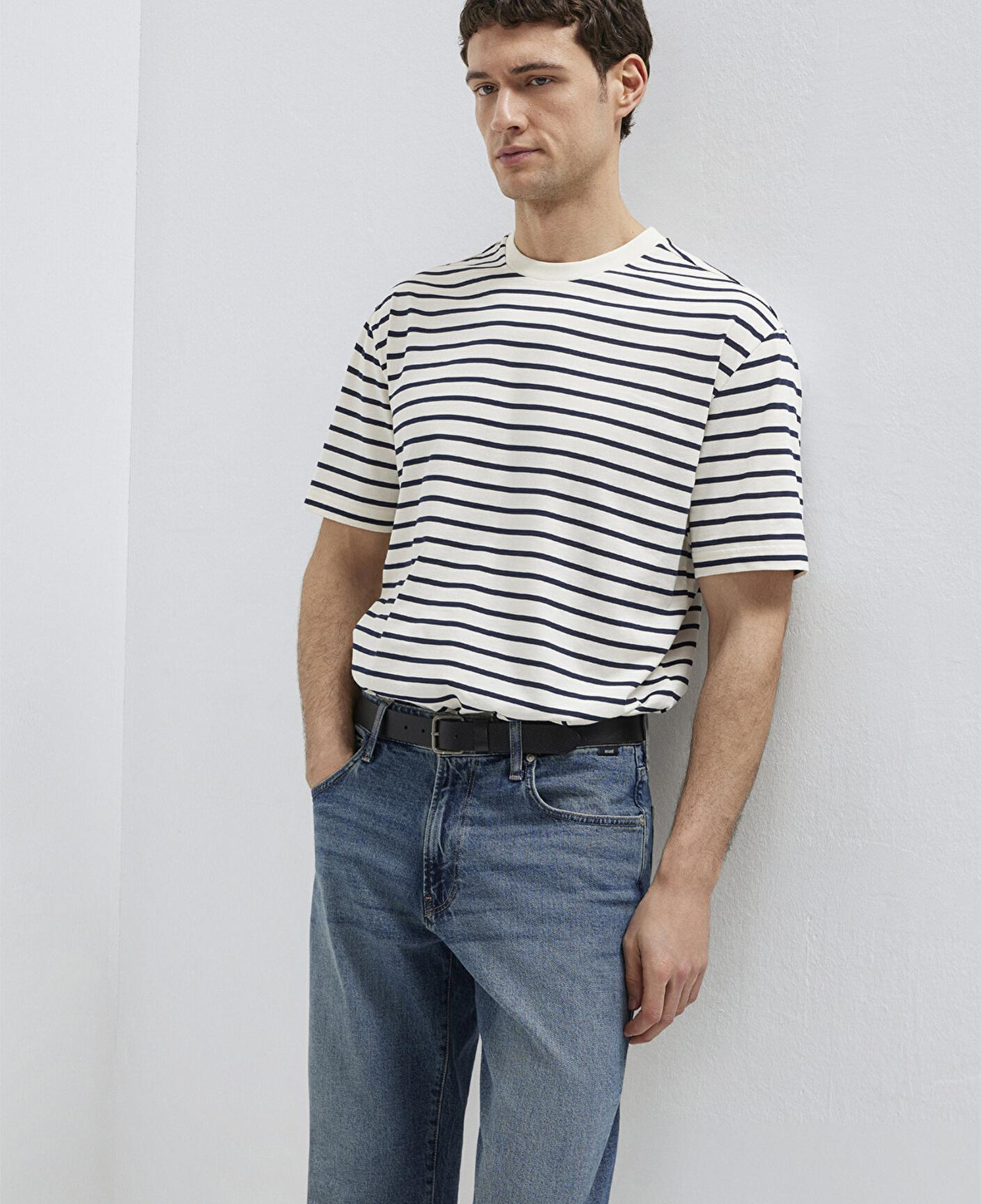 Mavi Lacivert Çizgili Ekru Tişört Loose Fit / Bol Rahat Kesim 0613274-30651