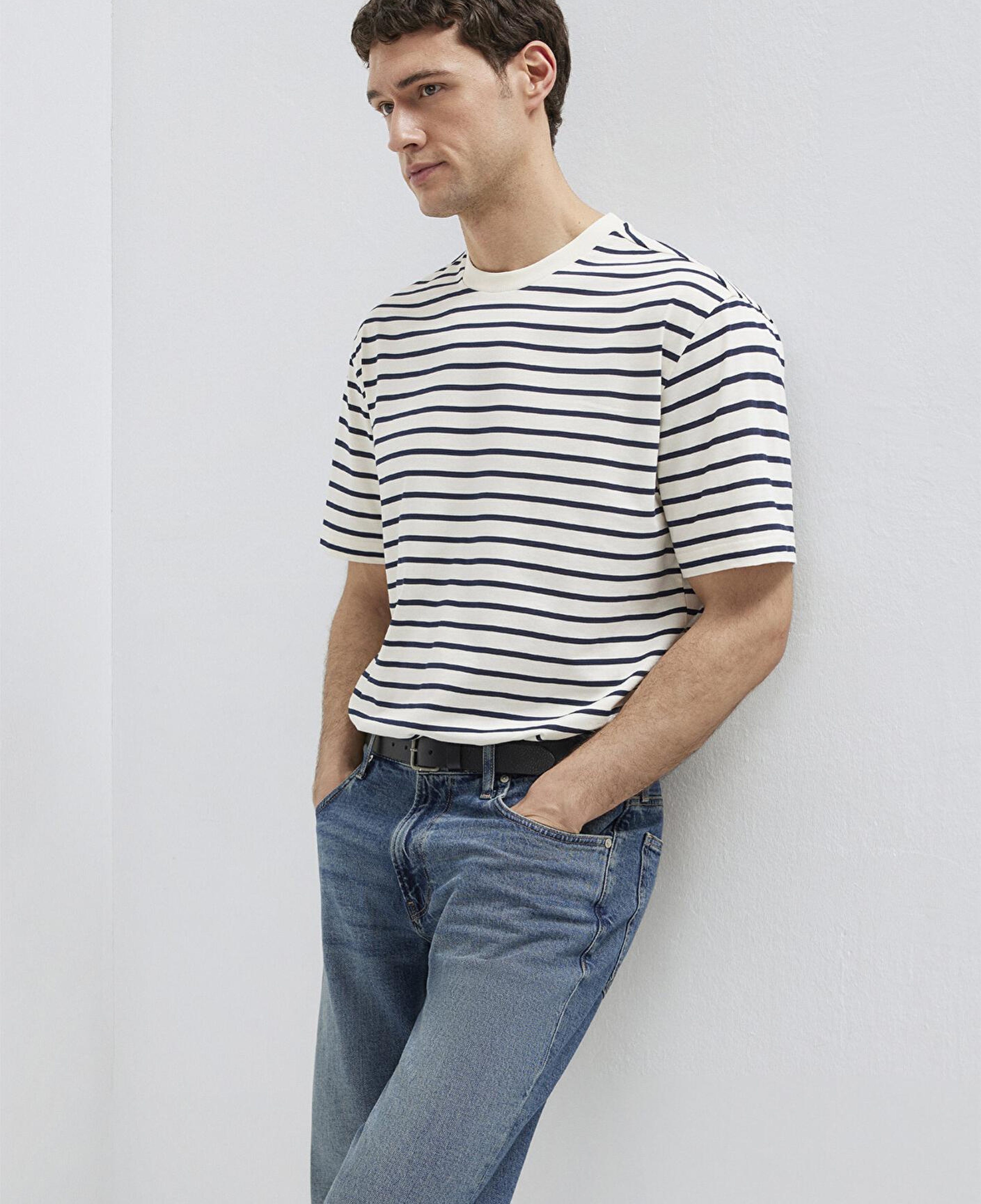 Mavi Lacivert Çizgili Ekru Tişört Loose Fit / Bol Rahat Kesim 0613274-30651