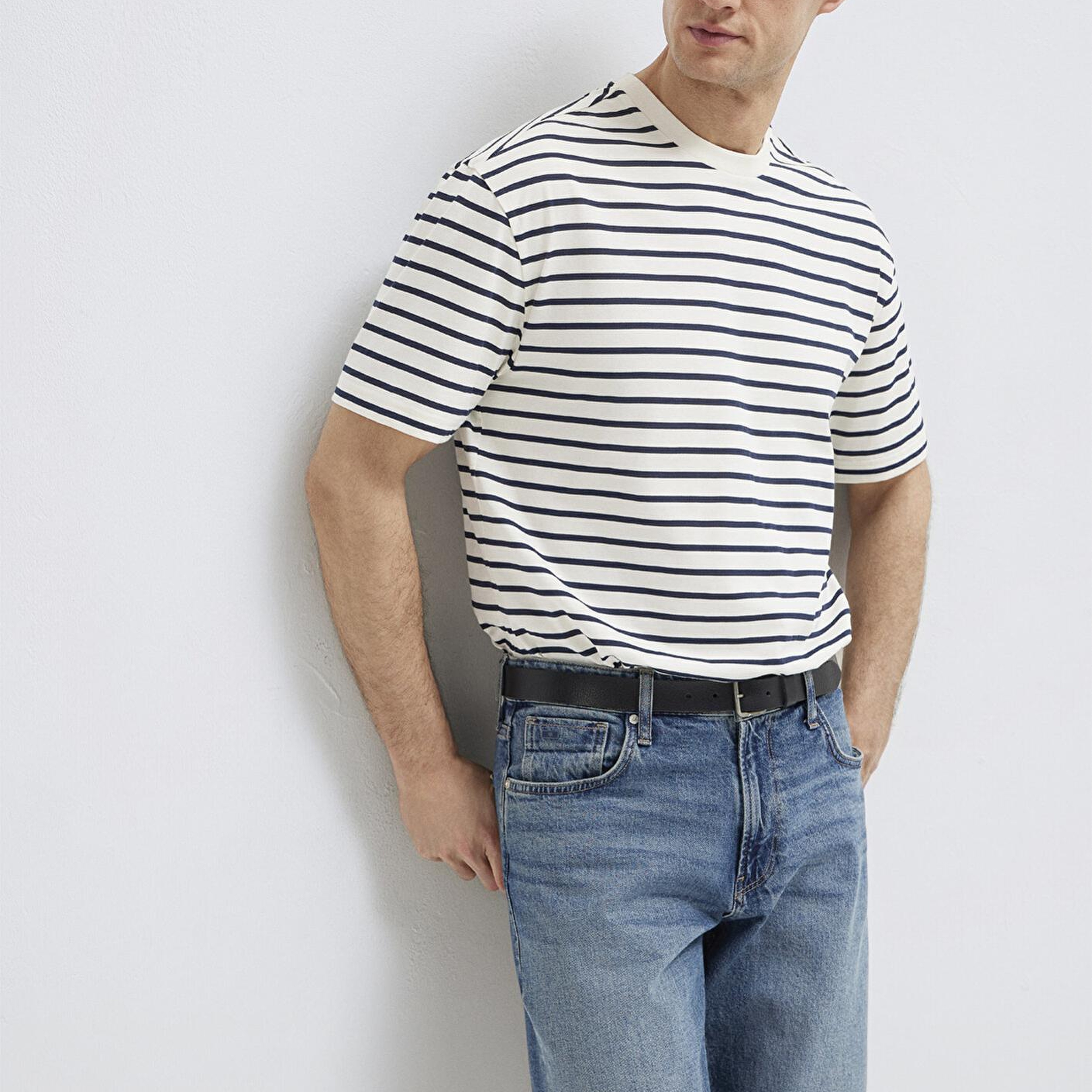 Mavi Lacivert Çizgili Ekru Tişört Loose Fit / Bol Rahat Kesim 0613274-30651