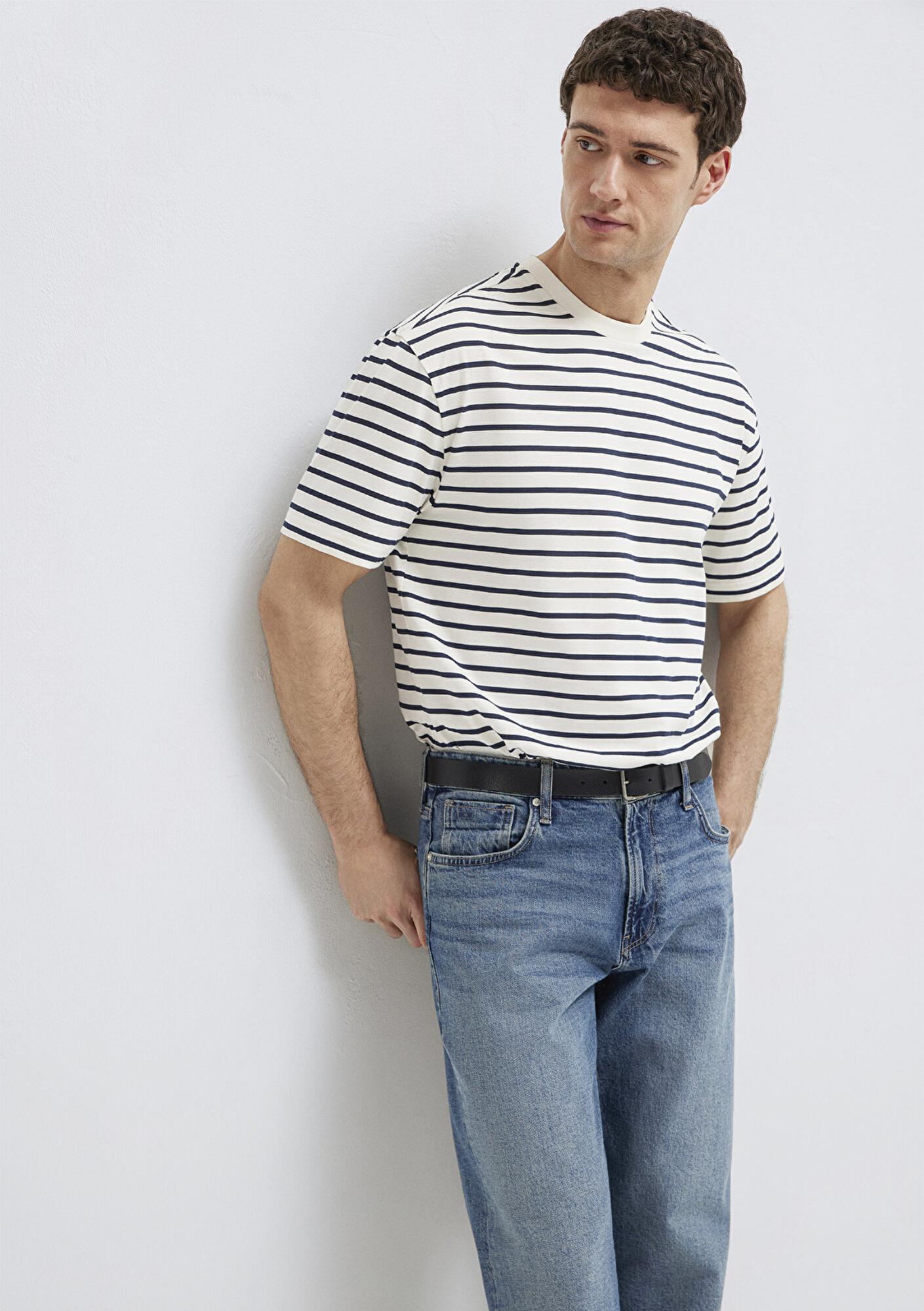 Mavi Lacivert Çizgili Ekru Tişört Loose Fit / Bol Rahat Kesim 0613274-30651