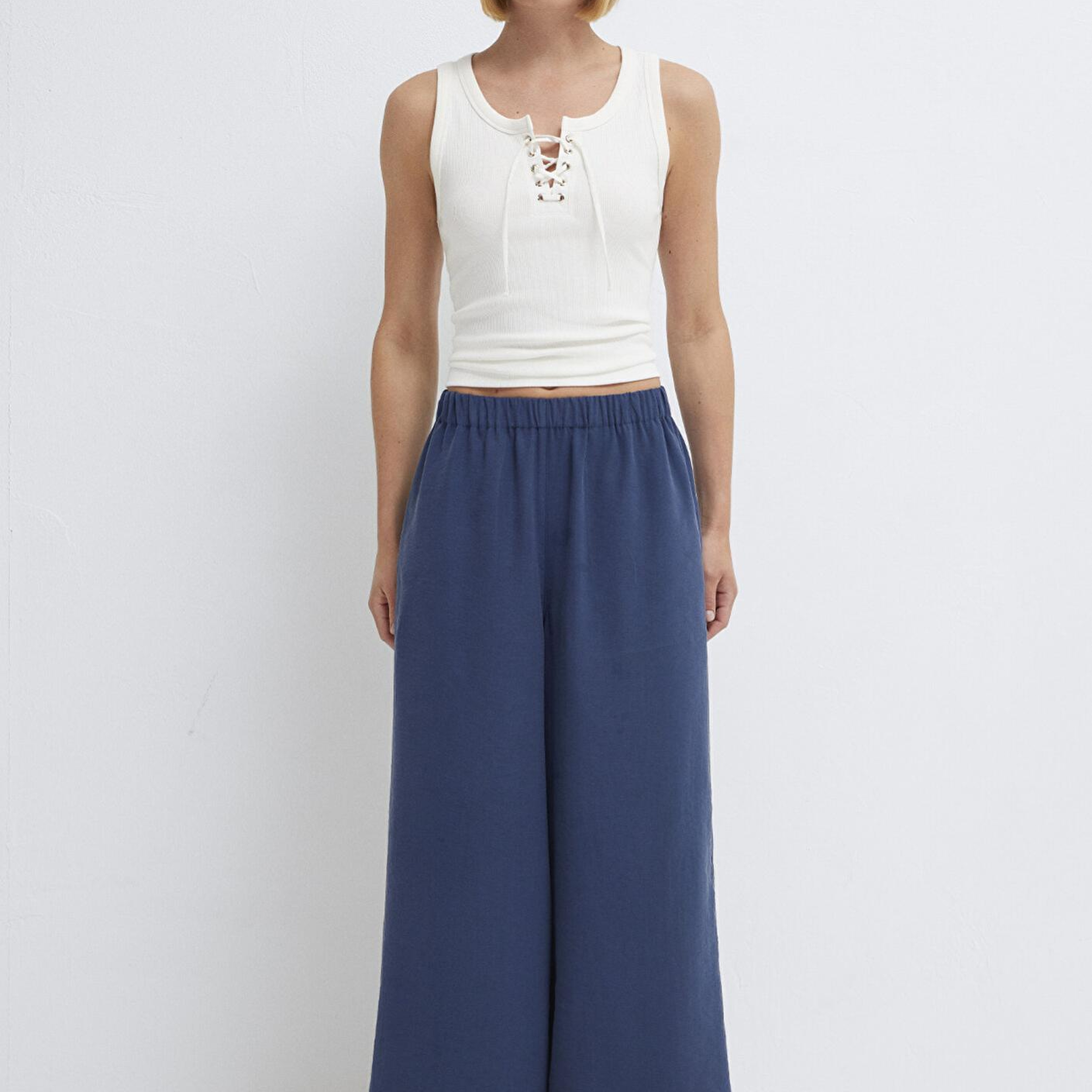 Mavi Beli Lastikli Geniş Paça Lacivert Pantolon 1011171-70770