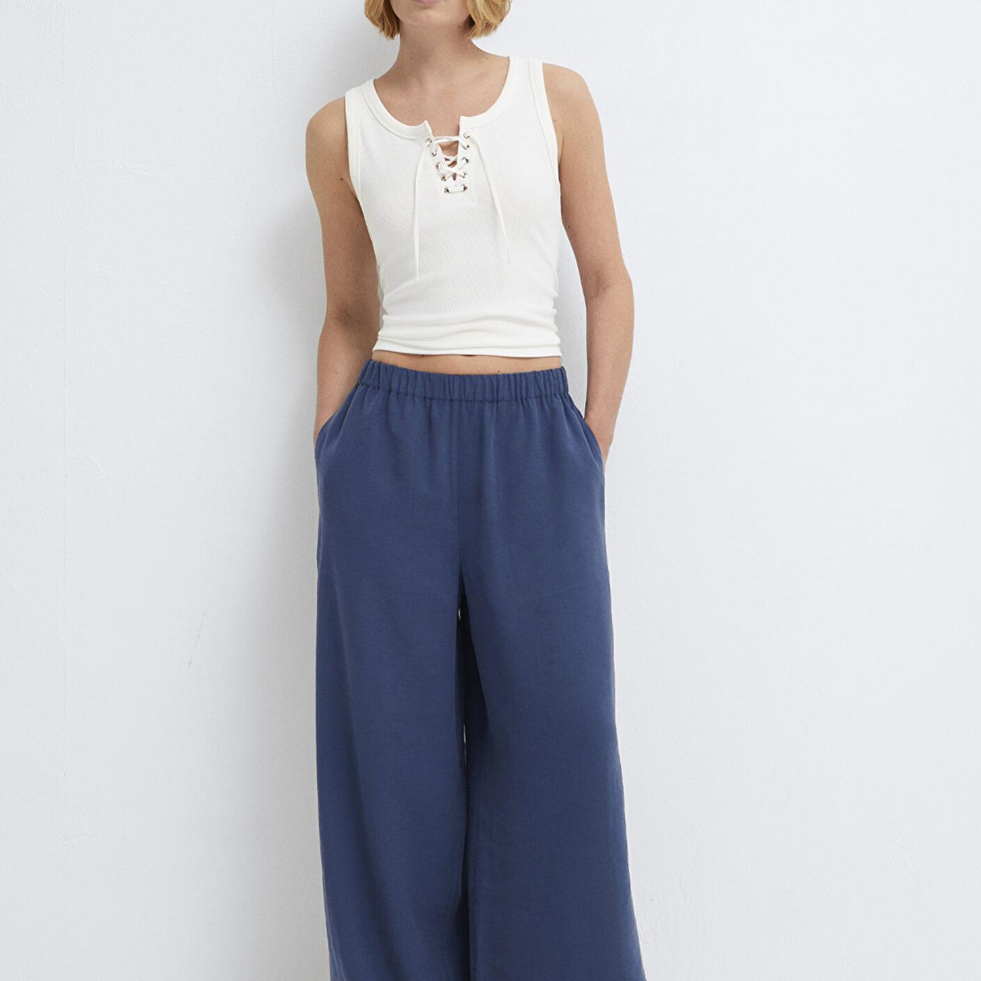 Mavi Beli Lastikli Geniş Paça Lacivert Pantolon 1011171-70770