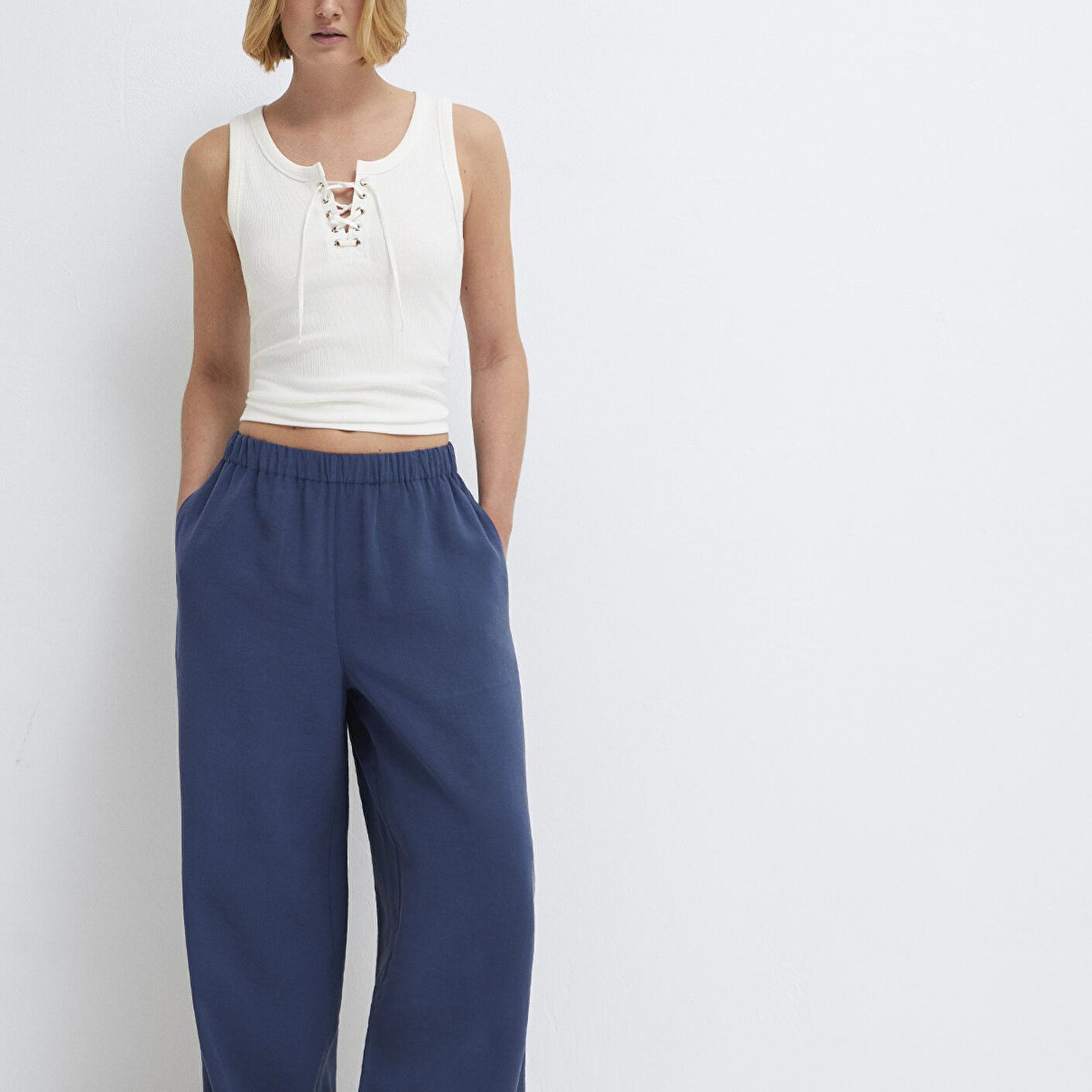 Mavi Beli Lastikli Geniş Paça Lacivert Pantolon 1011171-70770