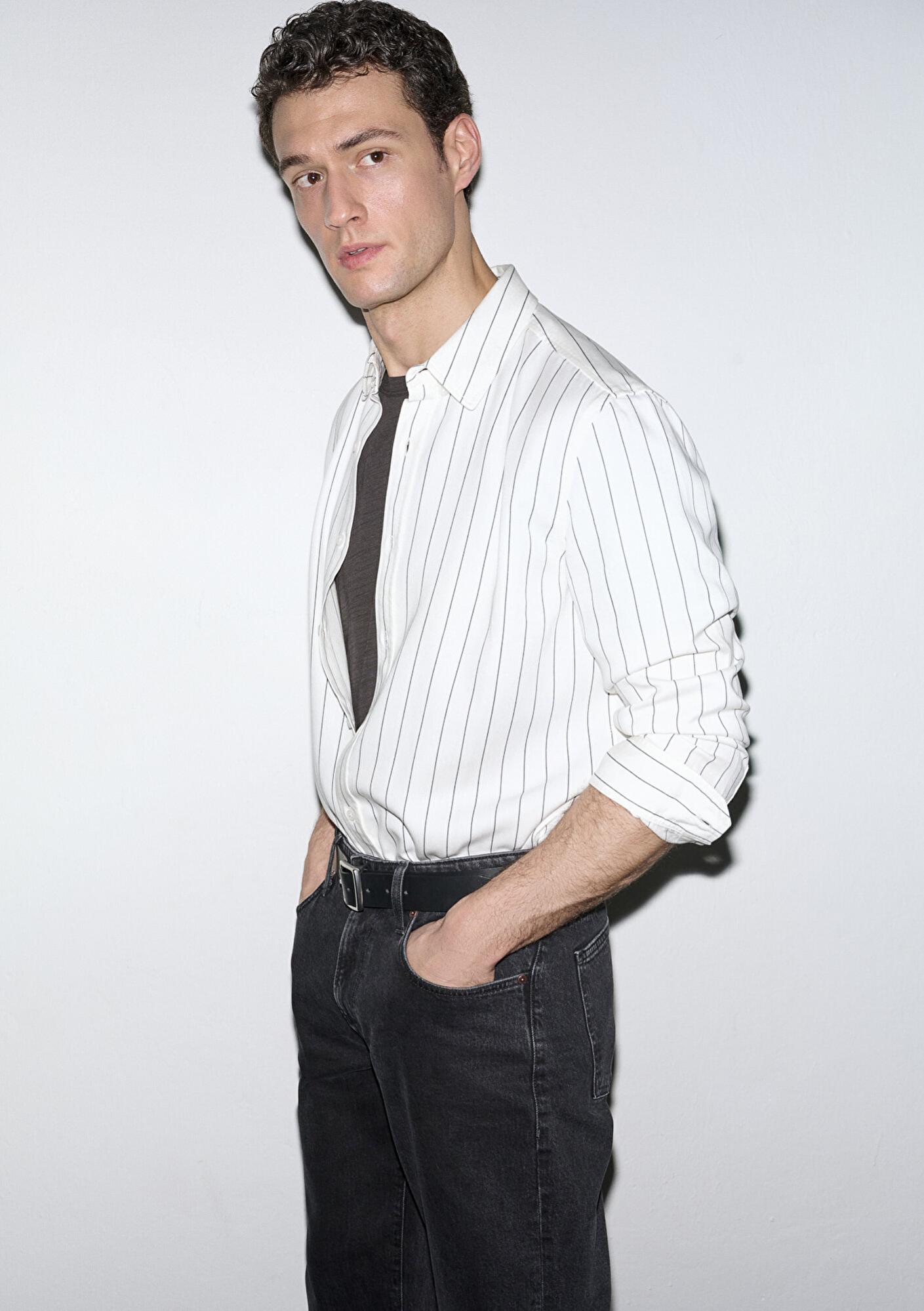 Mavi Çizgili Ekru Gömlek Regular Fit / Normal Kesim 0211891-91494