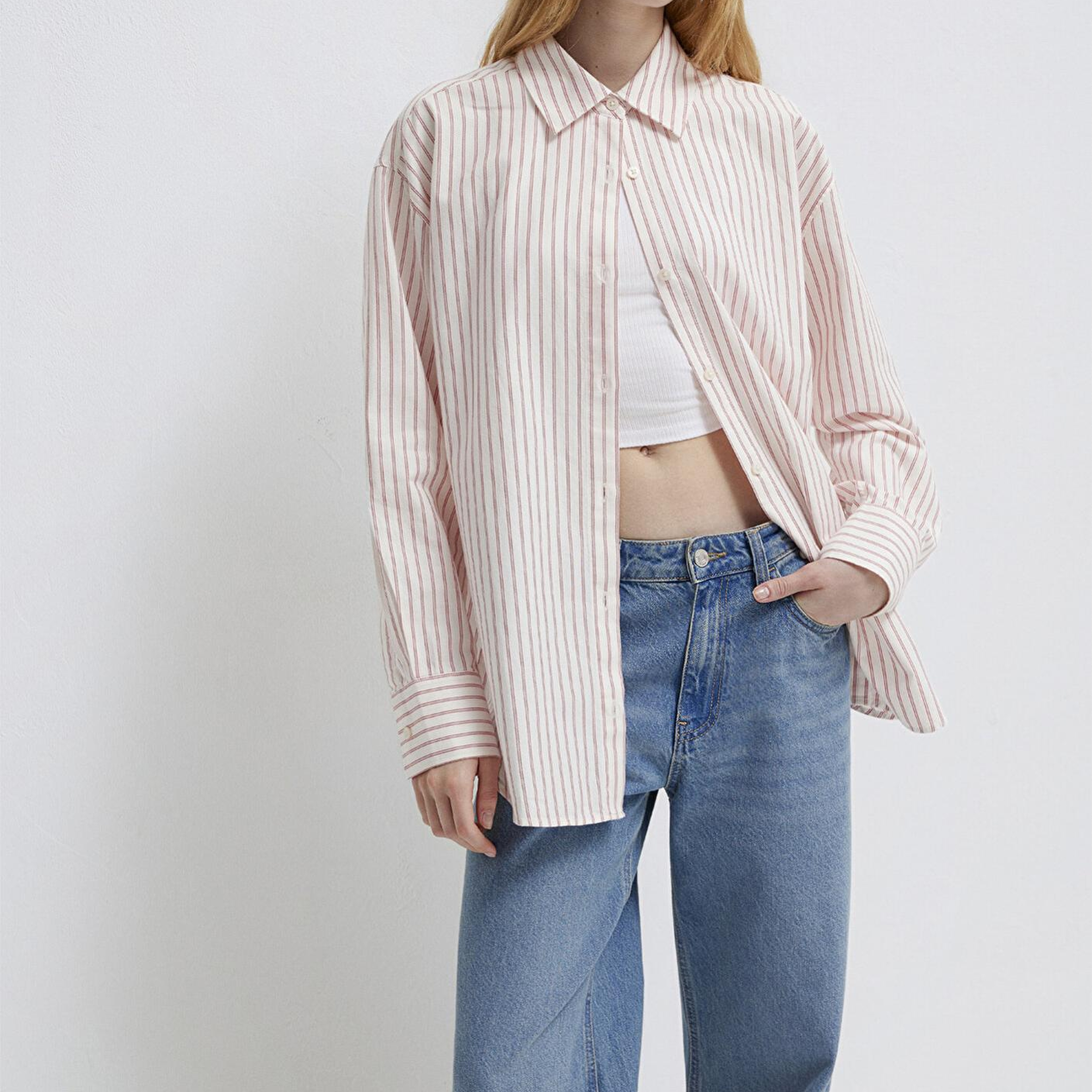 Mavi Çizgili Pembe Gömlek Oversize / Geniş Kesim 1211393-91489