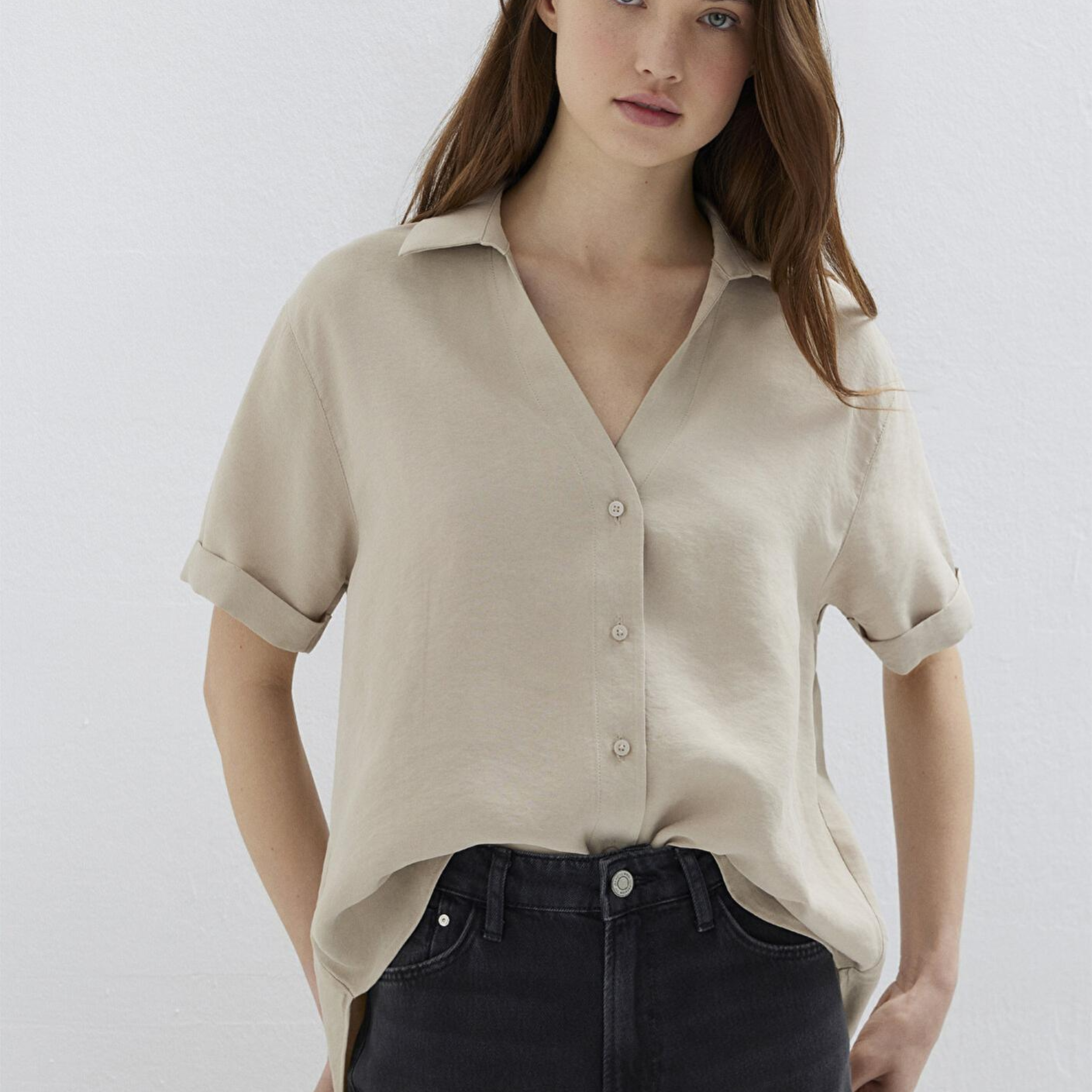 Mavi Kısa Kollu Bej Gömlek Loose Fit / Bol Rahat Kesim 1211358-70182