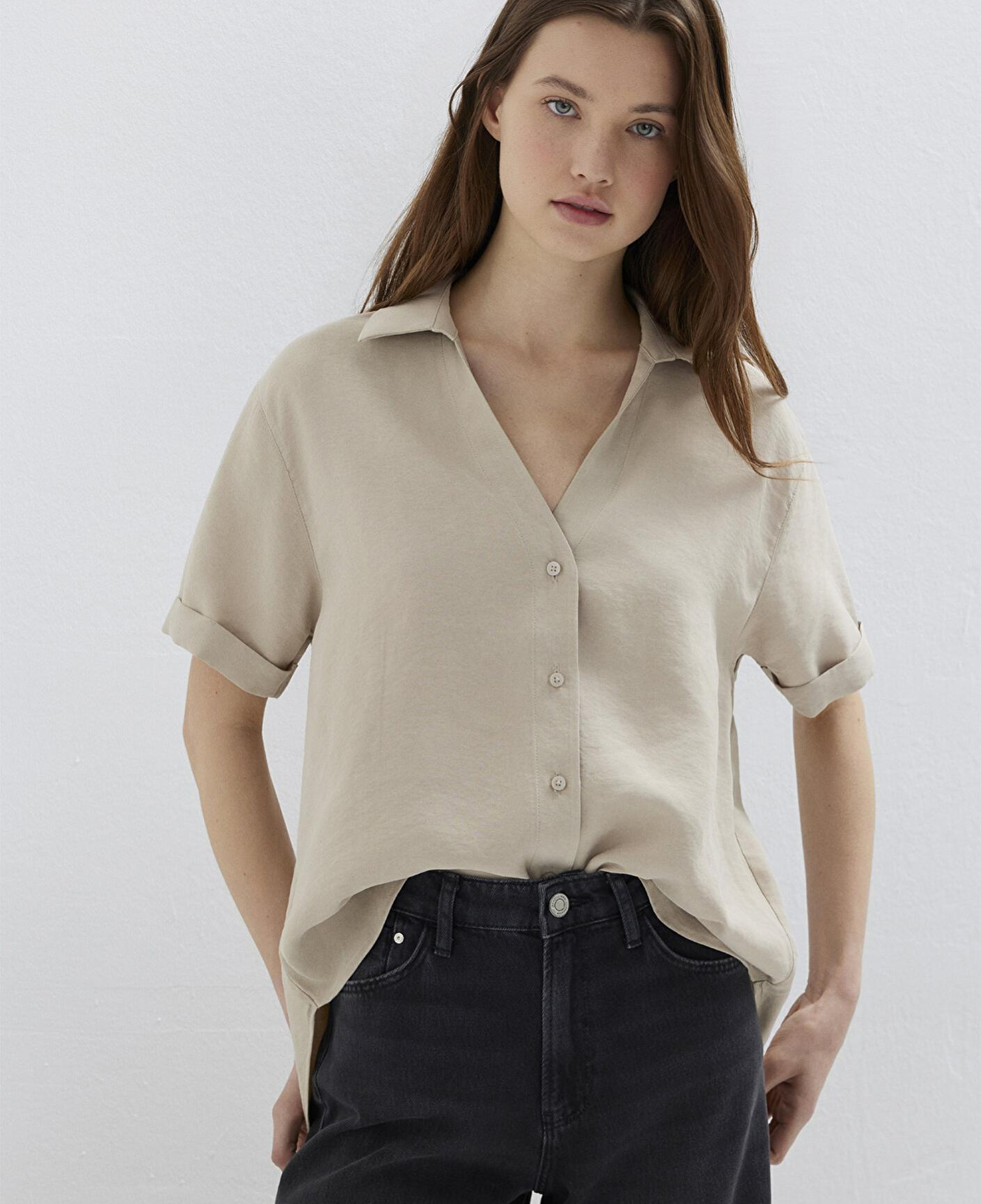 Mavi Kısa Kollu Bej Gömlek Loose Fit / Bol Rahat Kesim 1211358-70182