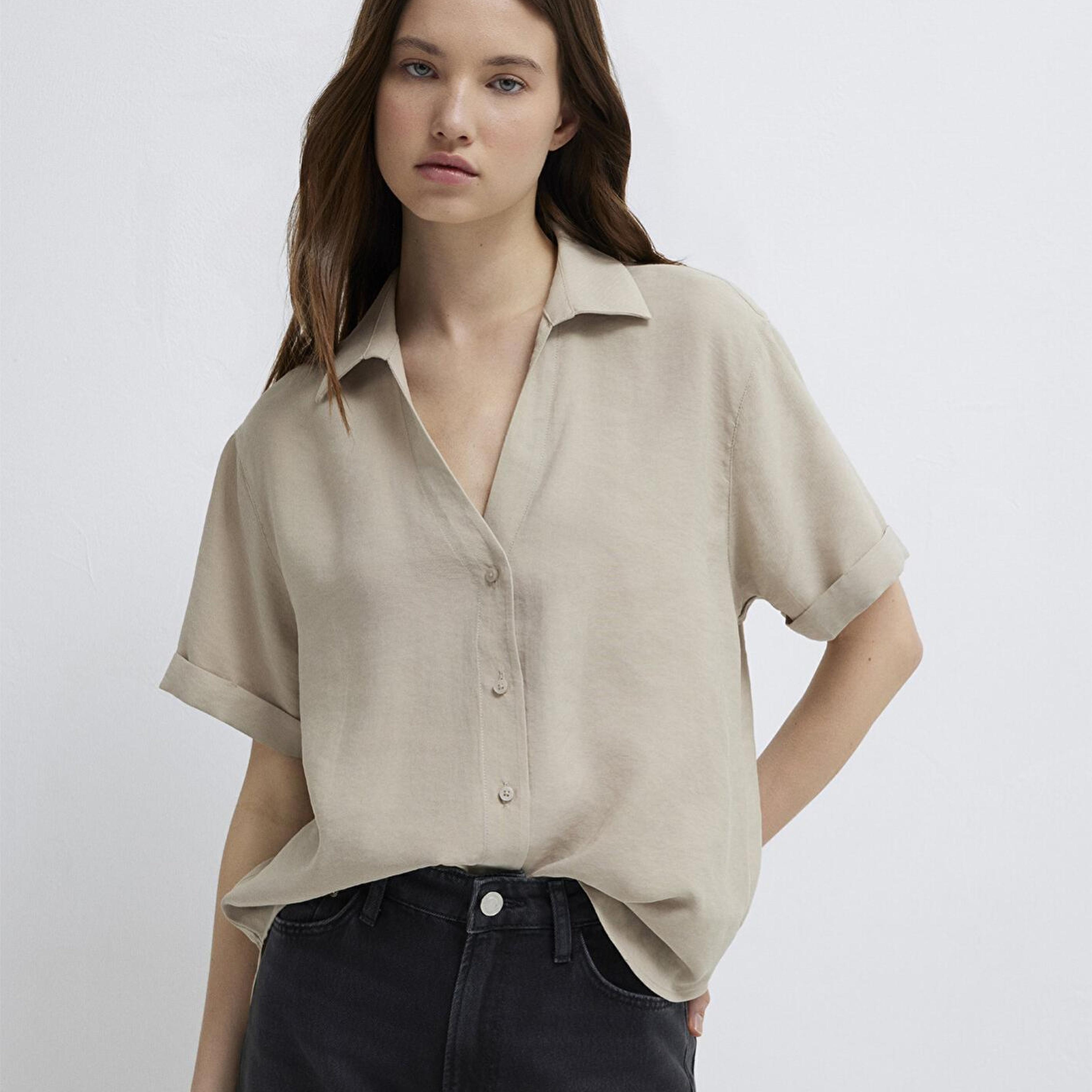 Mavi Kısa Kollu Bej Gömlek Loose Fit / Bol Rahat Kesim 1211358-70182