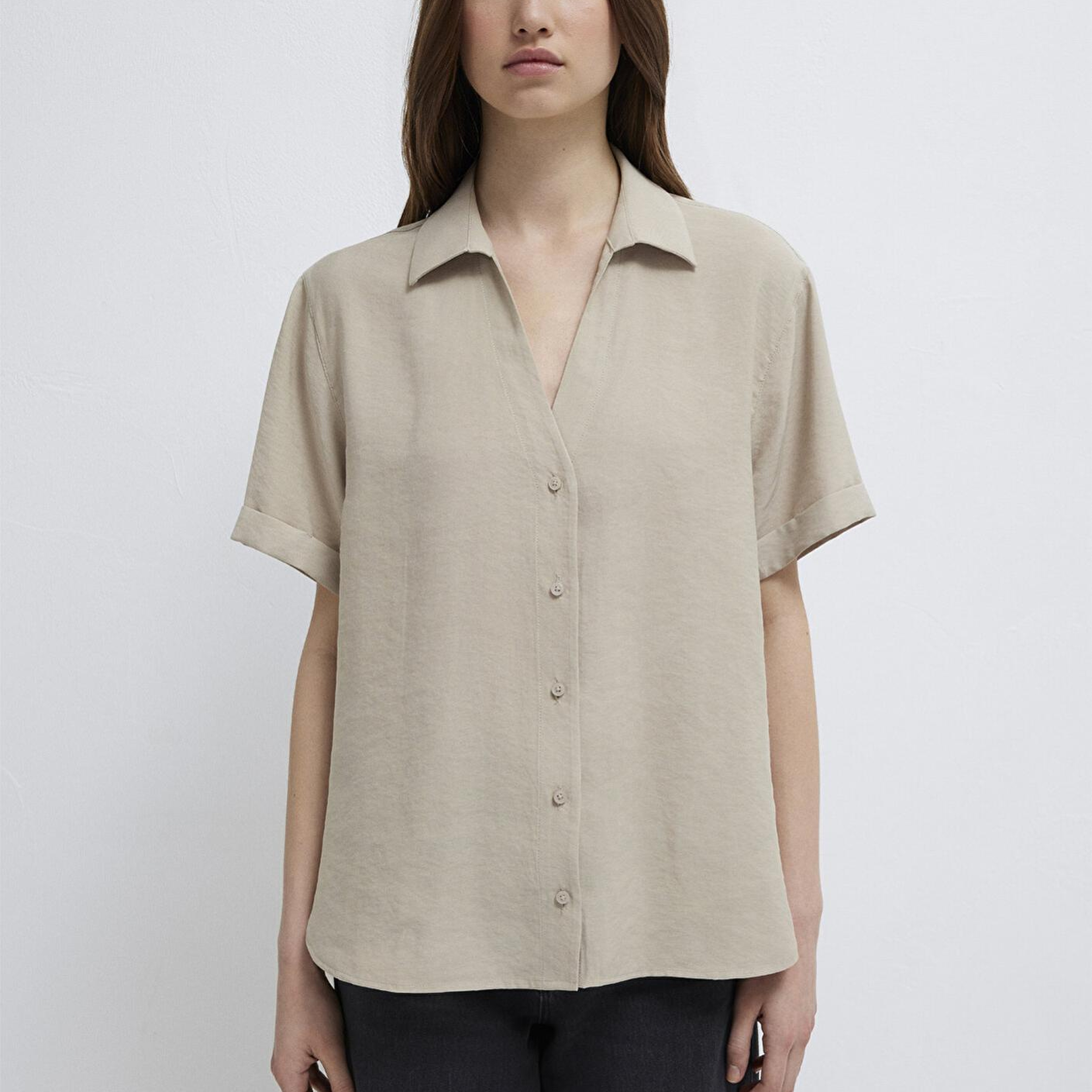 Mavi Kısa Kollu Bej Gömlek Loose Fit / Bol Rahat Kesim 1211358-70182