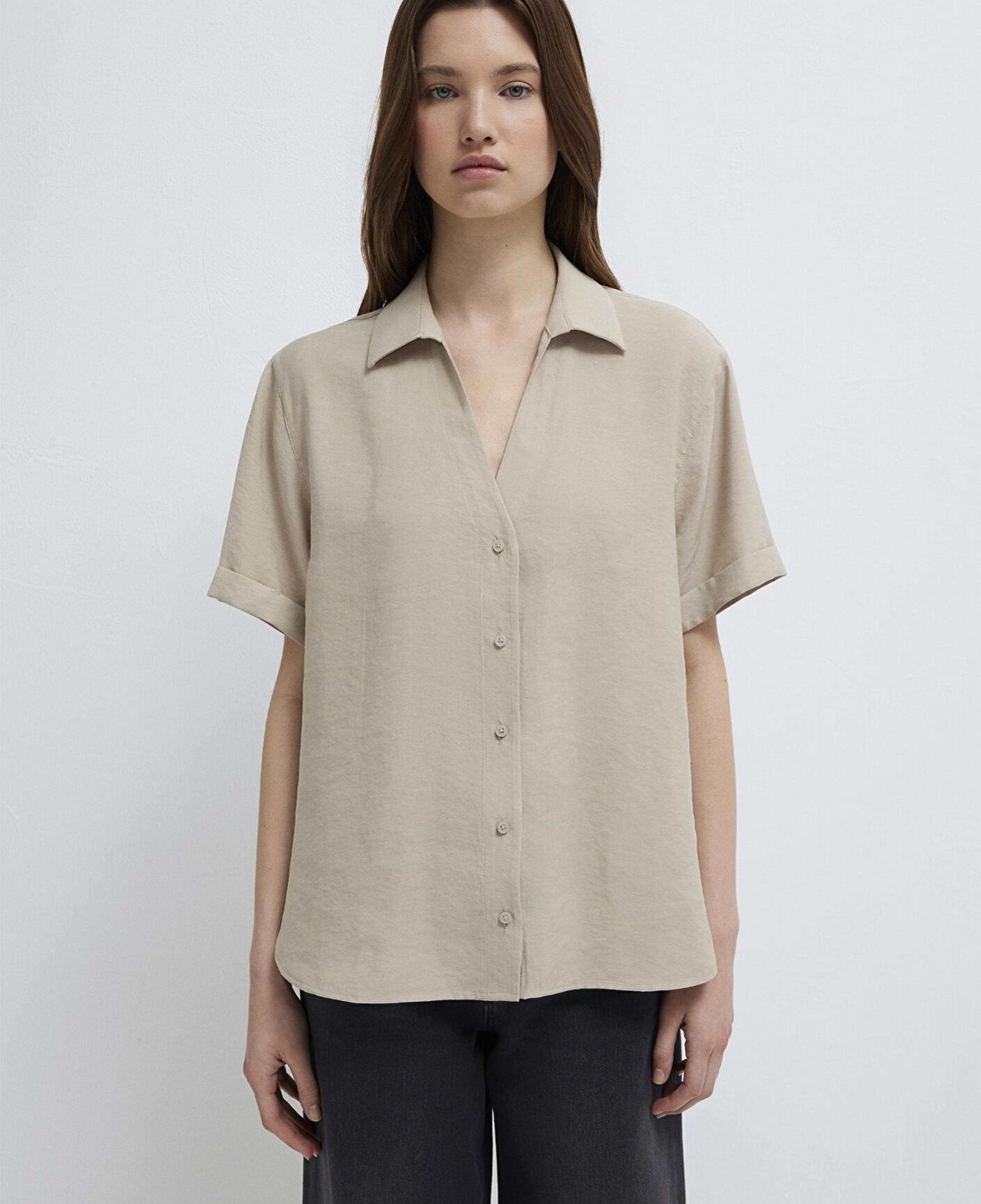 Mavi Kısa Kollu Bej Gömlek Loose Fit / Bol Rahat Kesim 1211358-70182