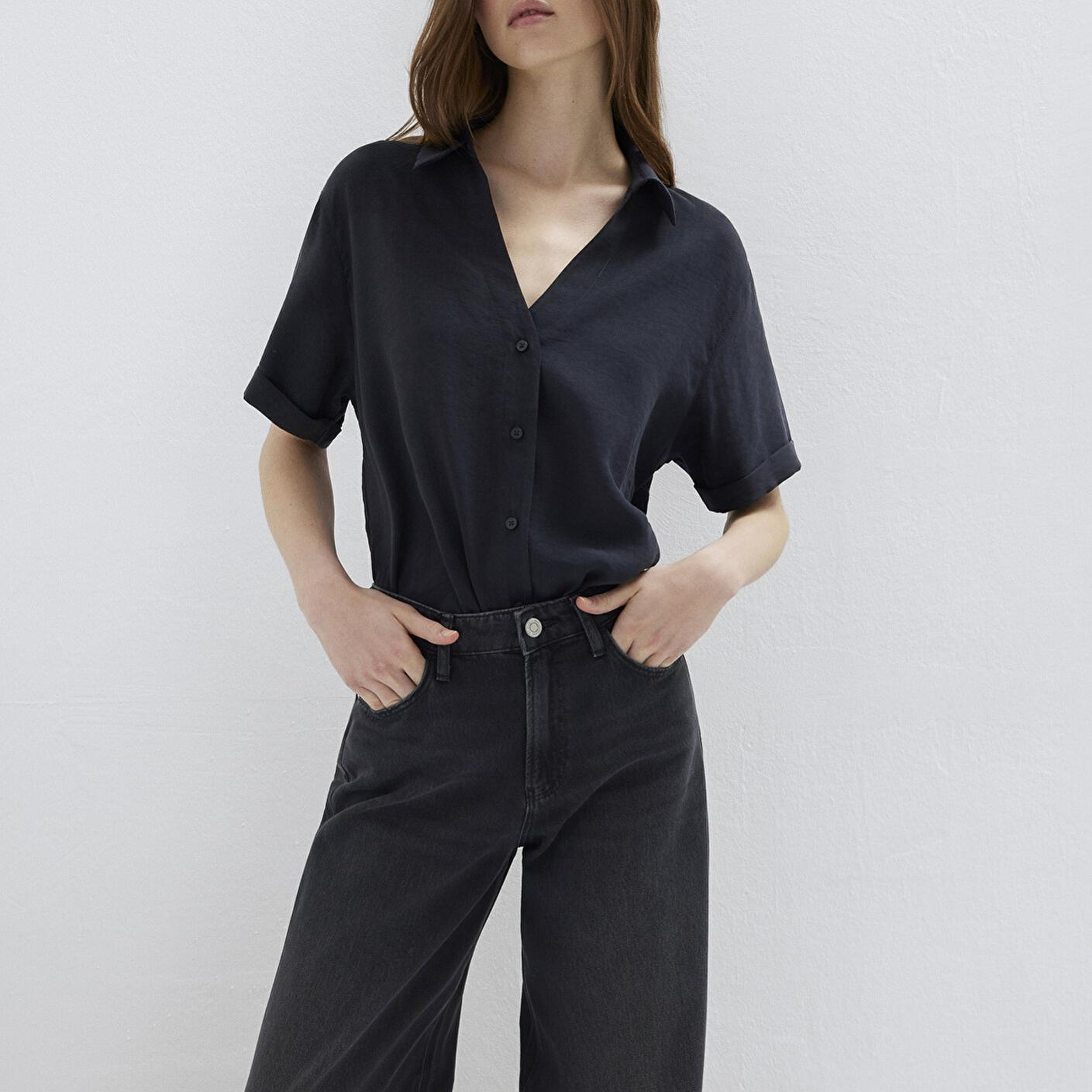 Mavi Kısa Kollu Siyah Gömlek Loose Fit / Bol Rahat Kesim 1211358-900