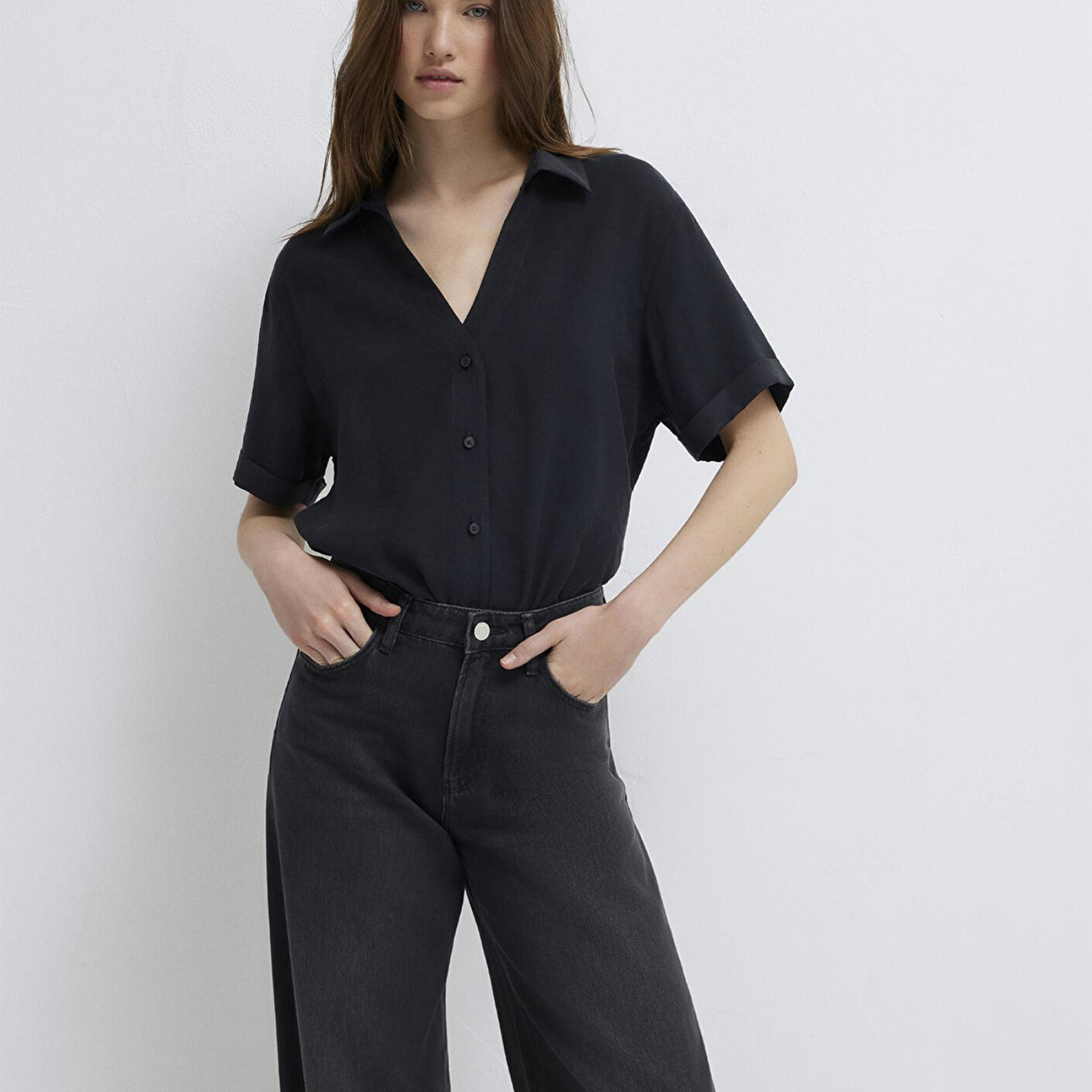 Mavi Kısa Kollu Siyah Gömlek Loose Fit / Bol Rahat Kesim 1211358-900