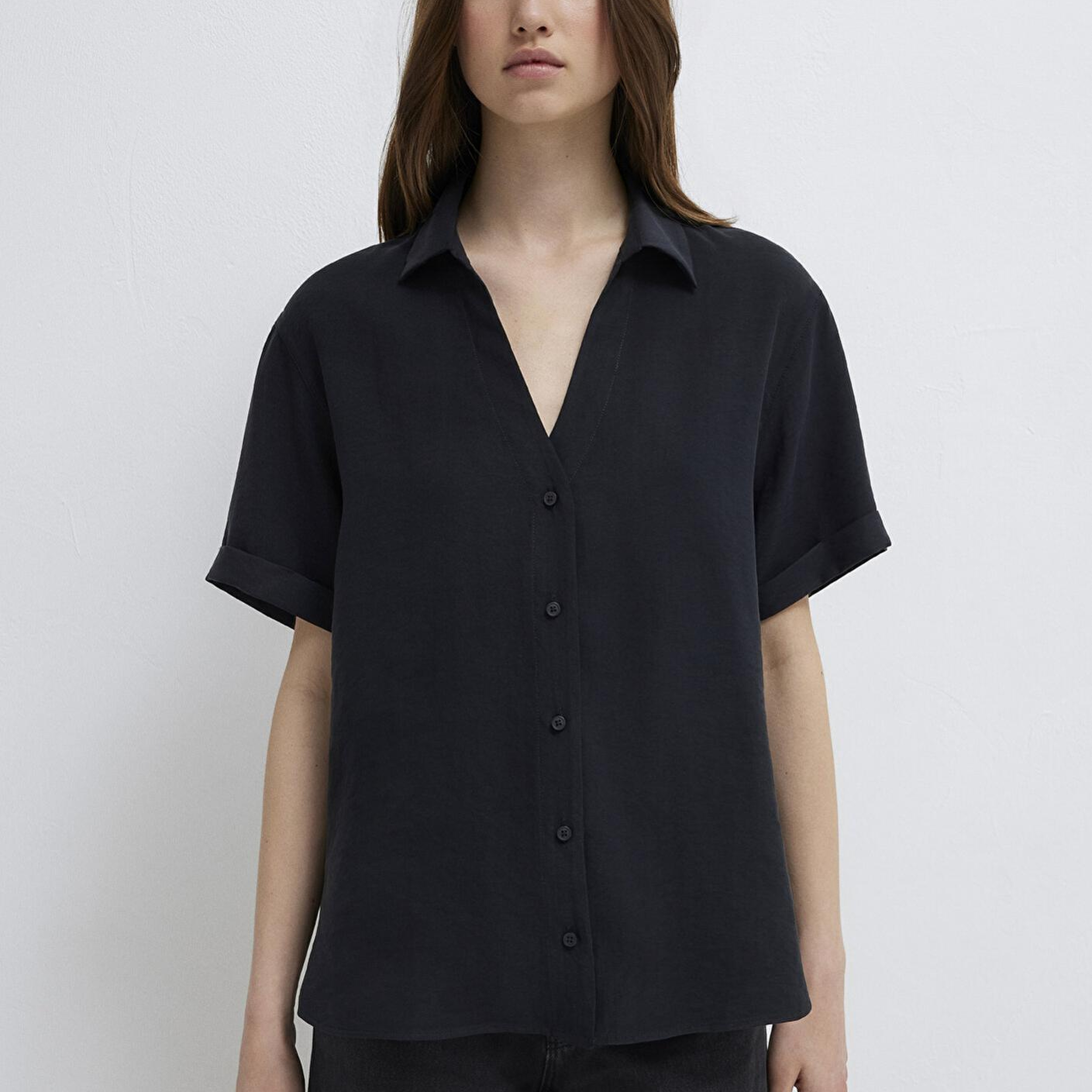 Mavi Kısa Kollu Siyah Gömlek Loose Fit / Bol Rahat Kesim 1211358-900