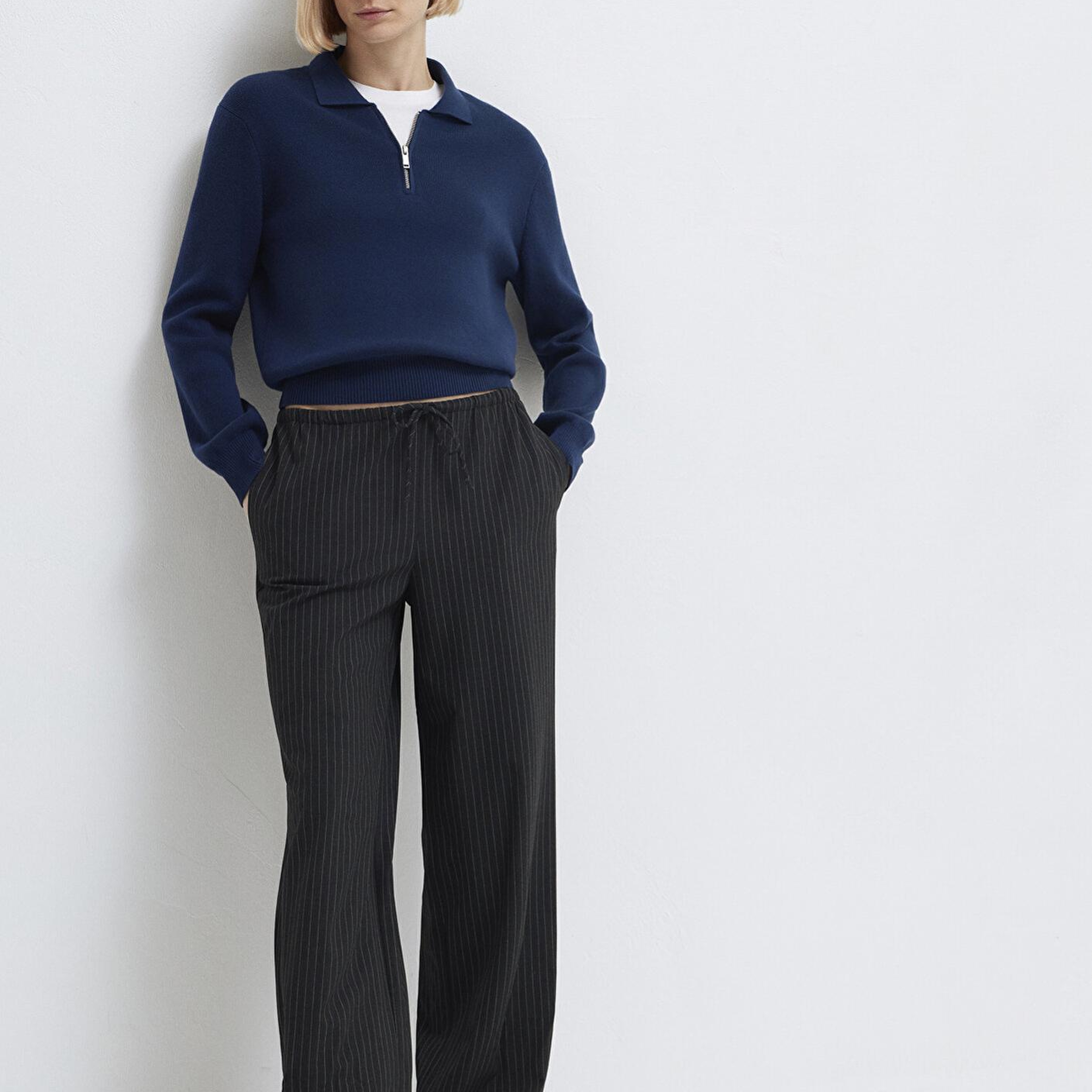 Mavi Beli Bağcıklı Çizgili Antrasit Pantolon 1011153-91492