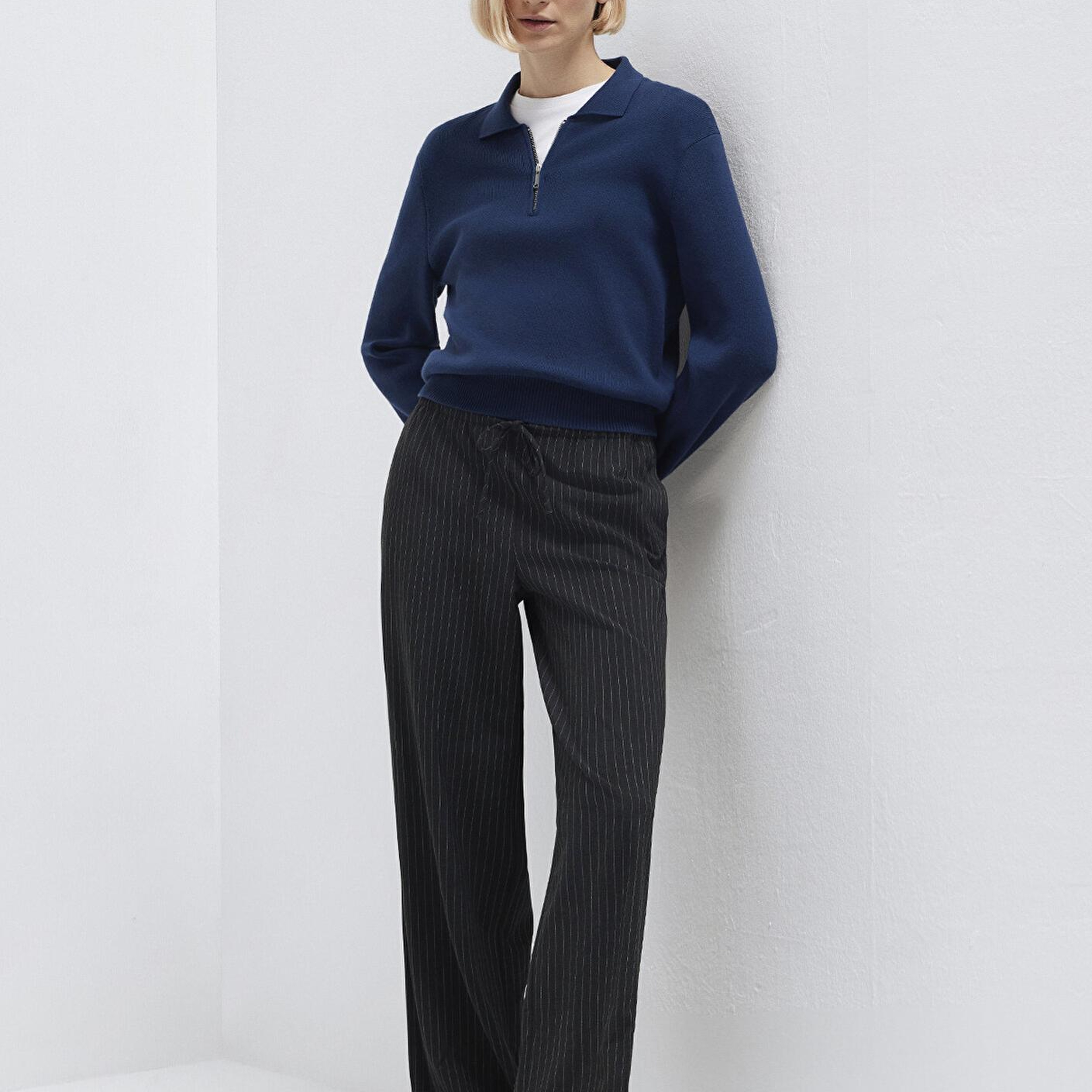 Mavi Beli Bağcıklı Çizgili Antrasit Pantolon 1011153-91492