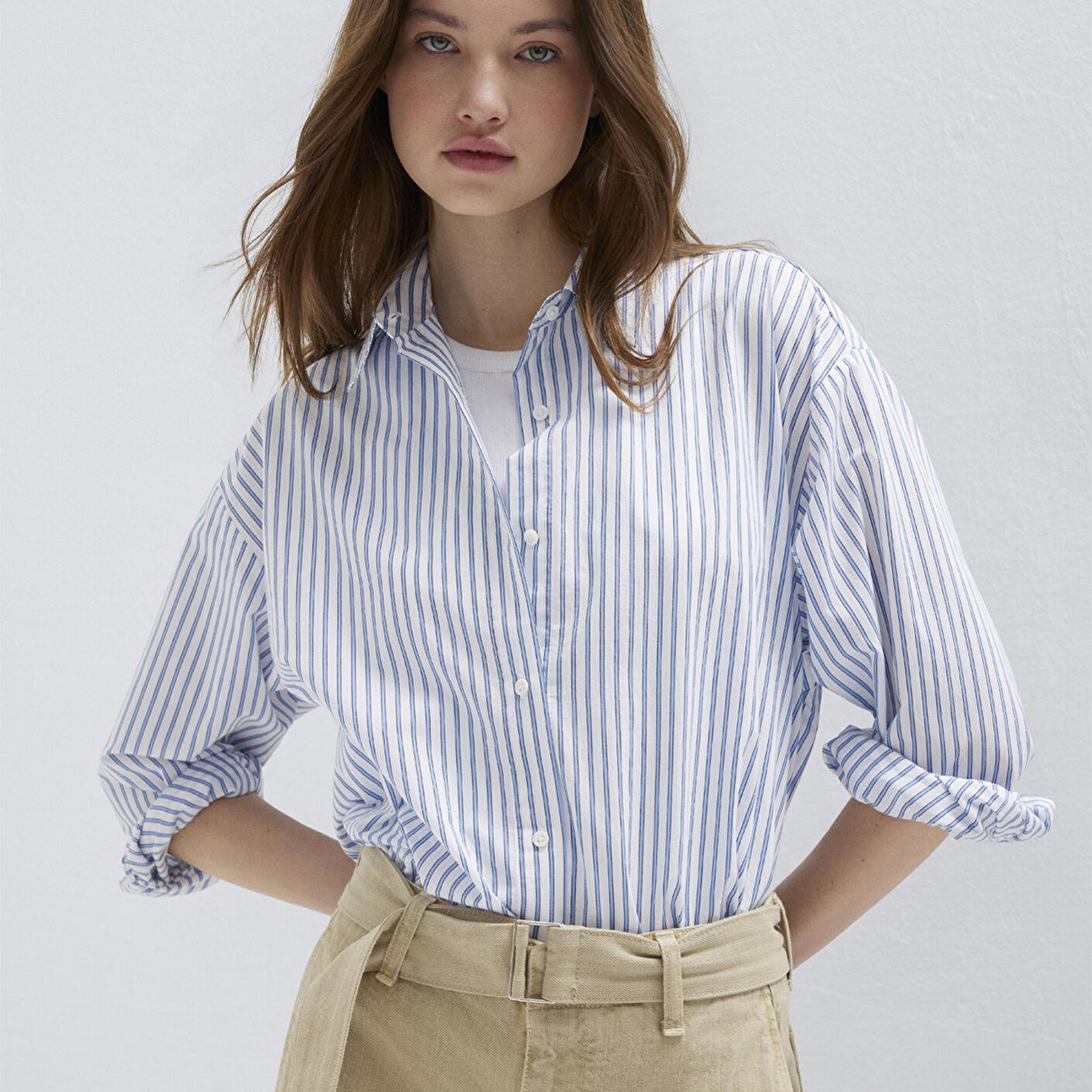 Mavi Çizgili Mavi Gömlek Oversize / Geniş Kesim 1211342-80767