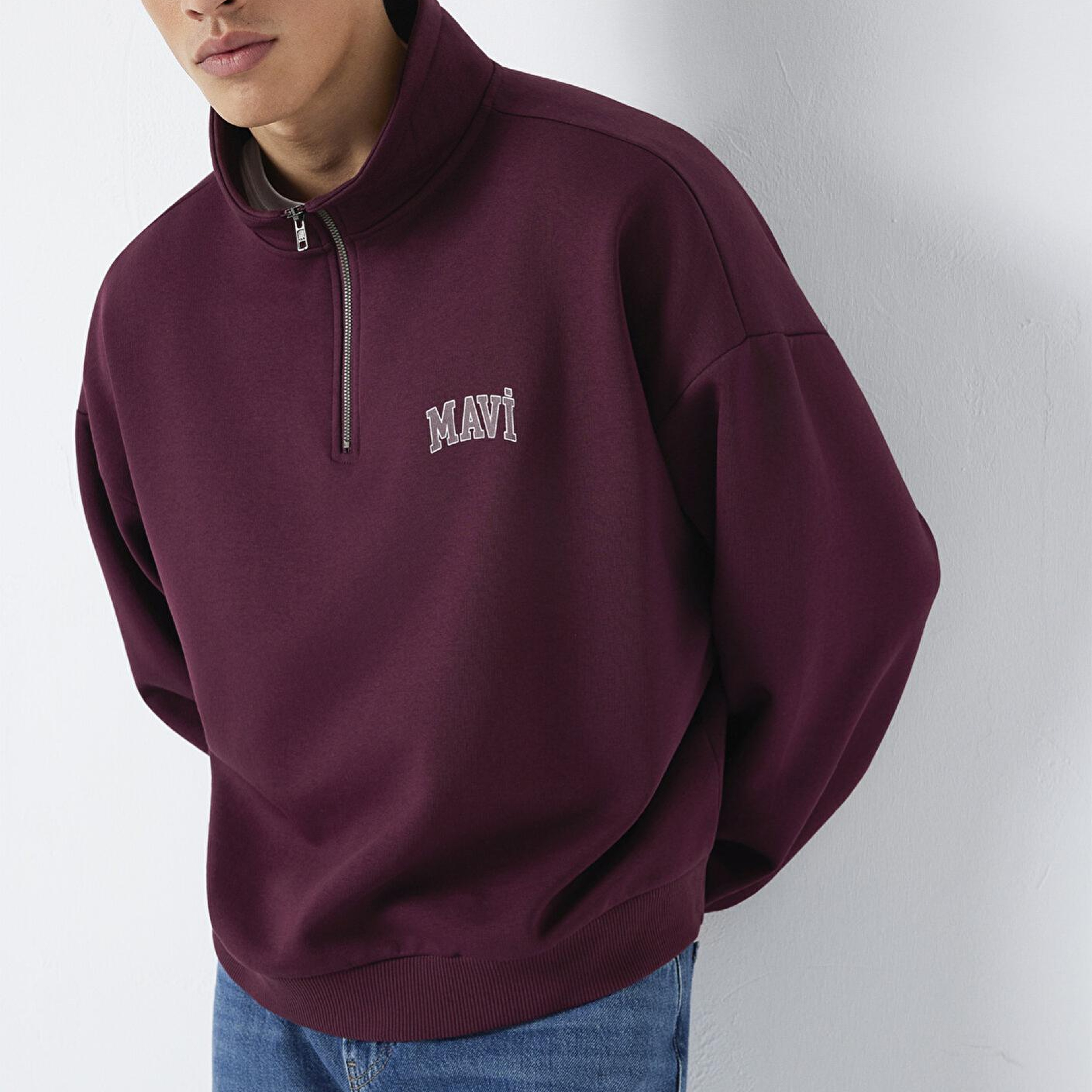 Mavi Mavi Logo Baskılı Yarı Fermuarlı Bordo Sweatshirt 0S10208-70434
