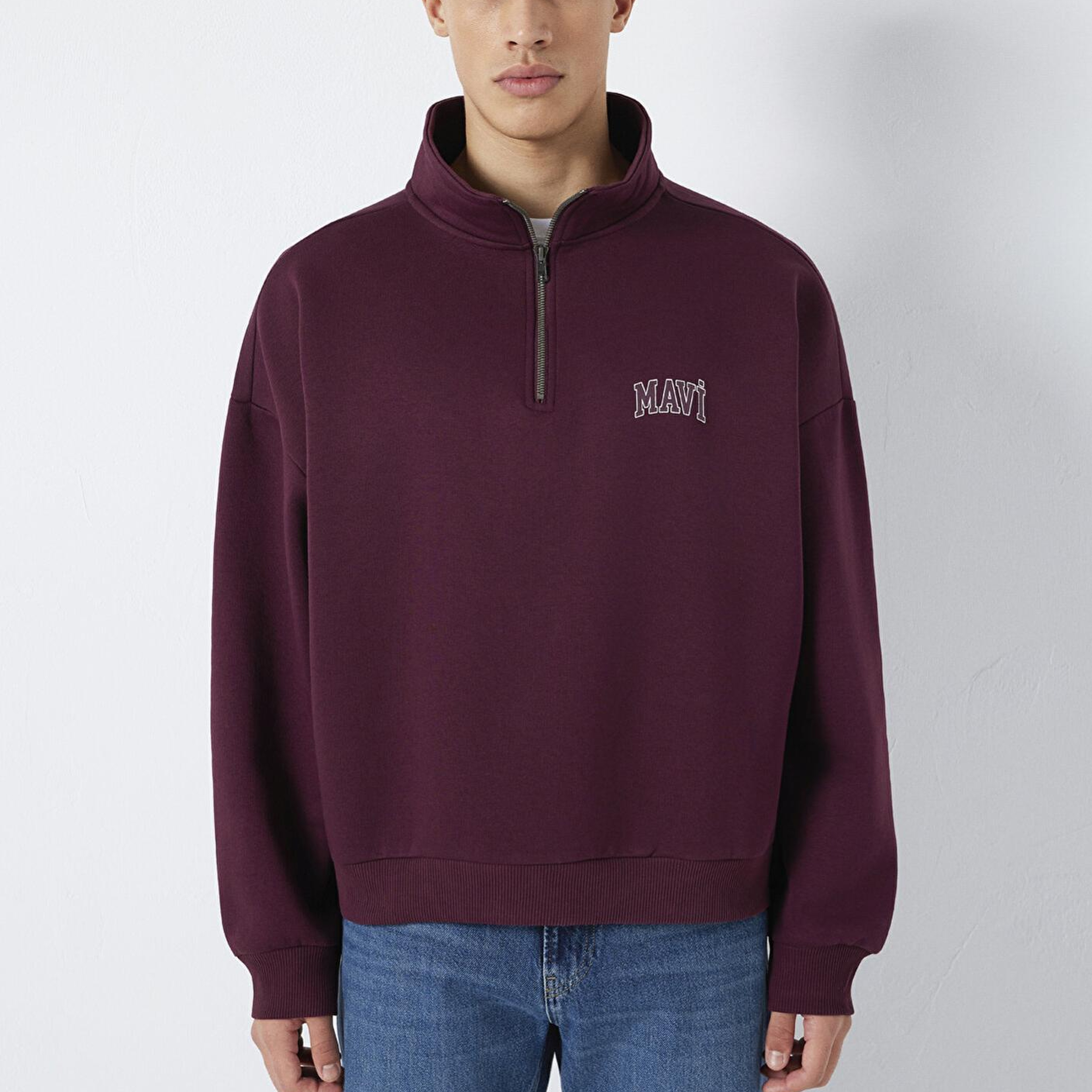 Mavi Mavi Logo Baskılı Yarı Fermuarlı Bordo Sweatshirt 0S10208-70434